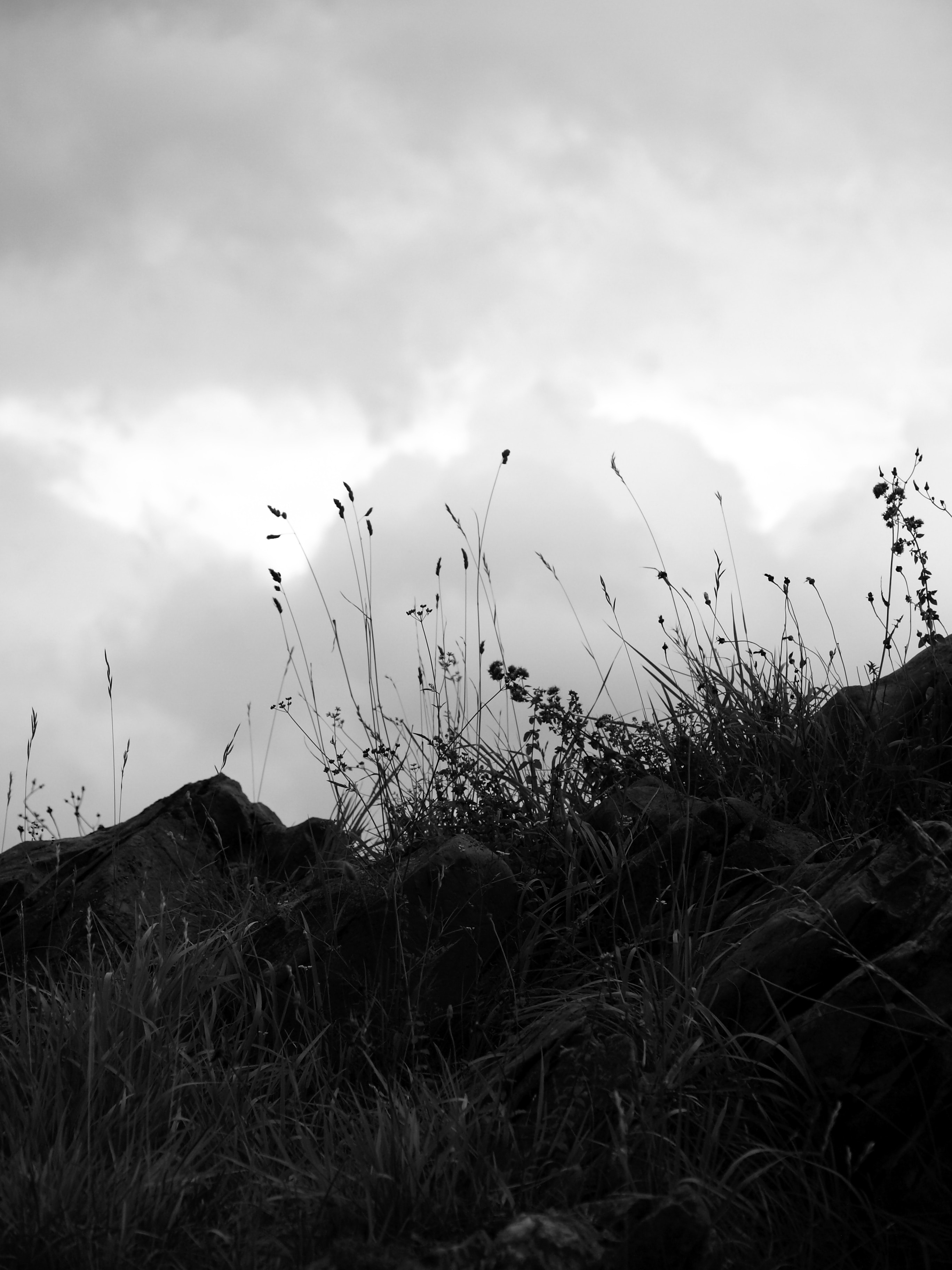 clouds, nature, grass, stones, sky, bw, chb, hill