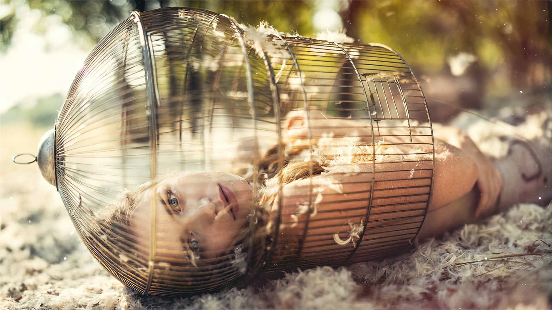 women, model, blonde, blue eyes, cage, feather, outdoor