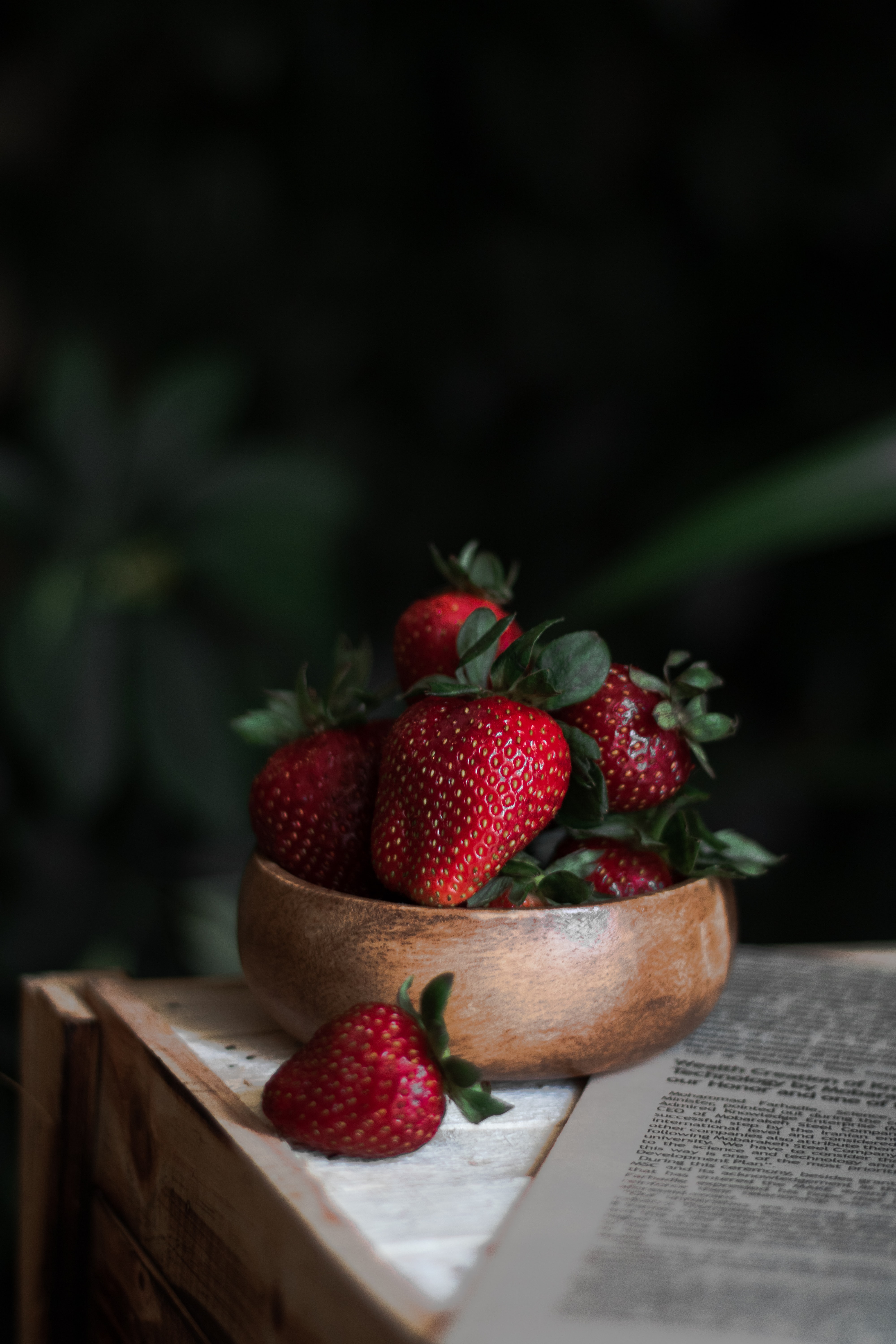 strawberry, berry, food, plate, fruit, newspaper