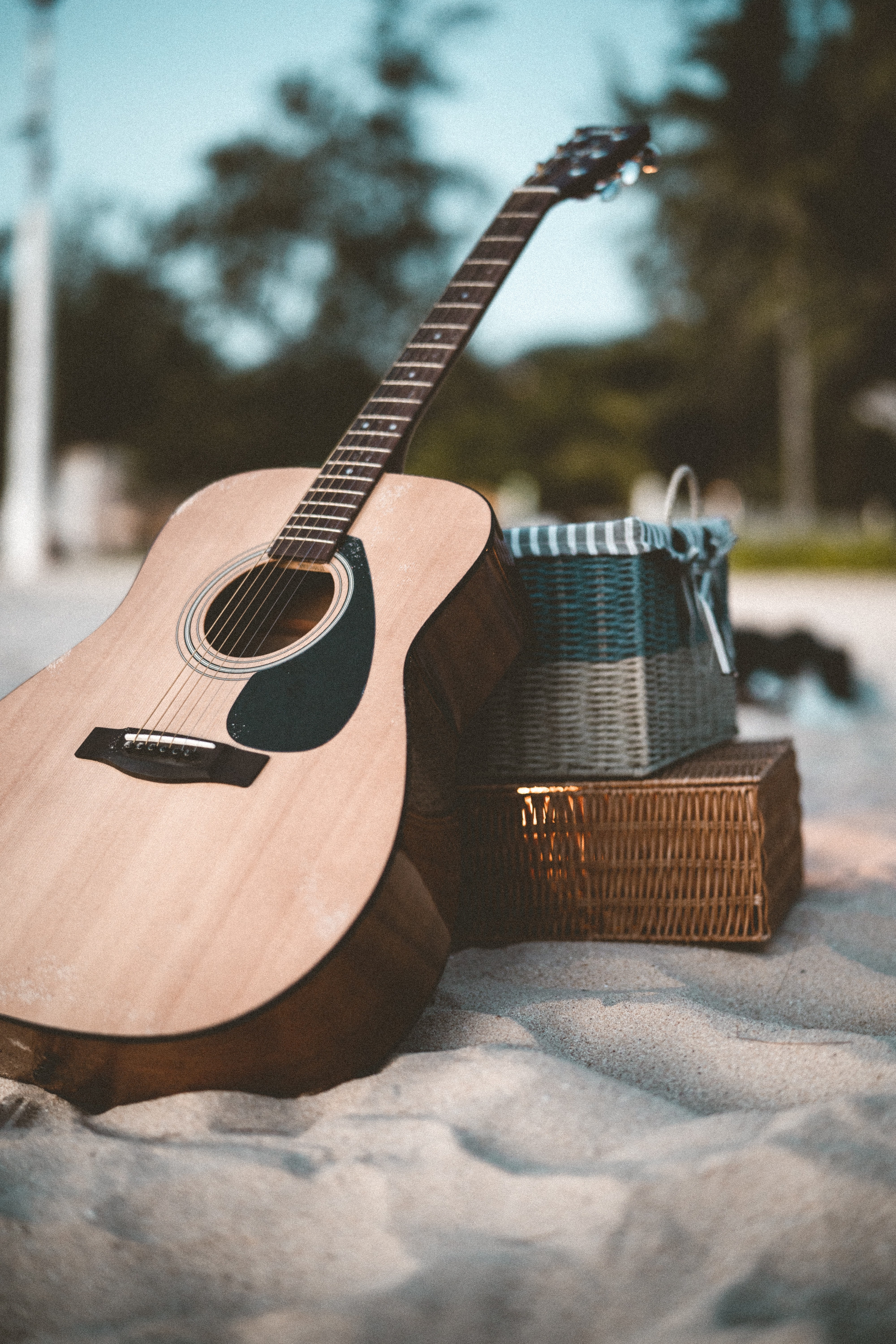 guitar, acoustic guitar, music, sand, brown, musical instrument HD wallpaper