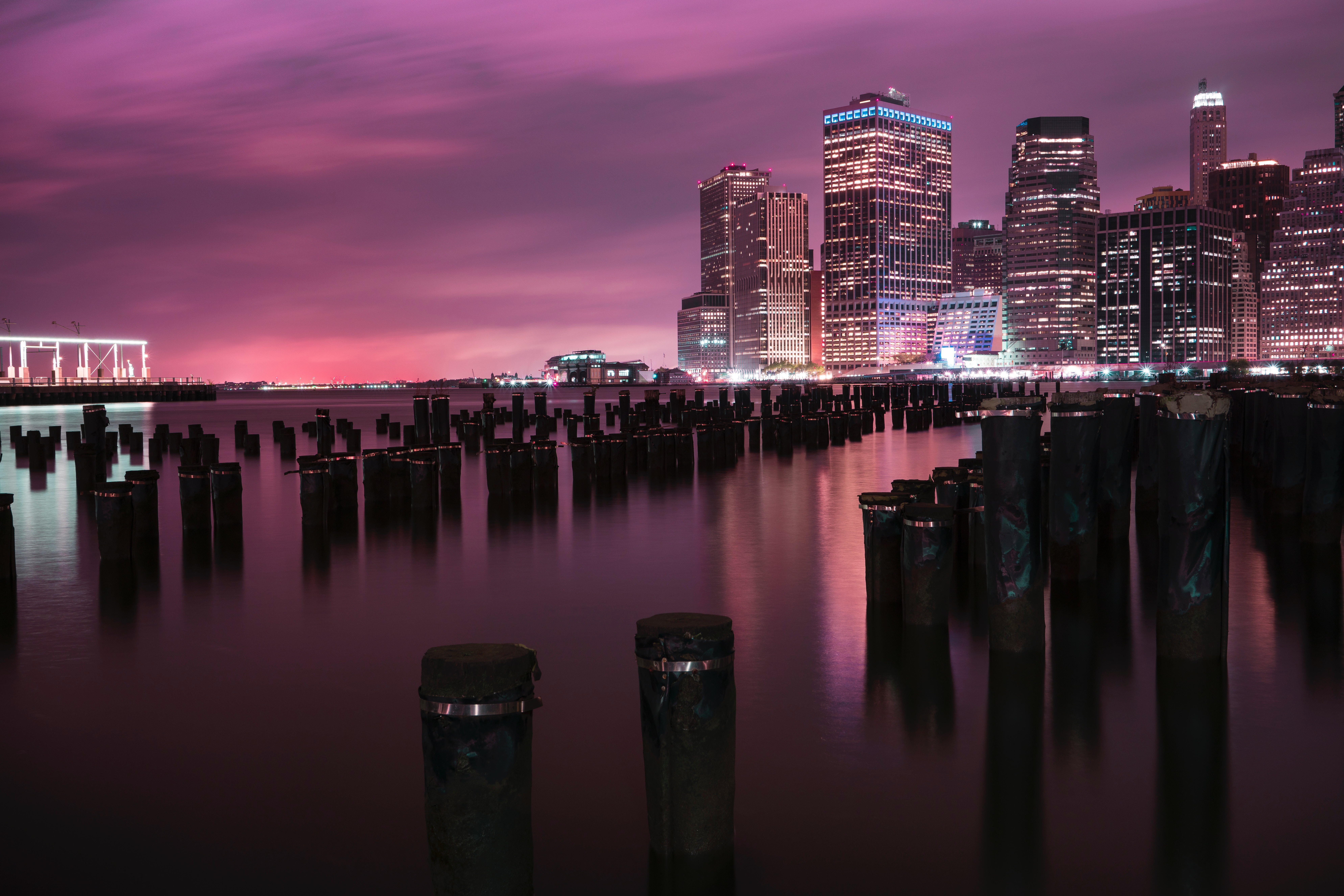 city lights, usa, night city, shore, bank, cities, building, united states Full HD
