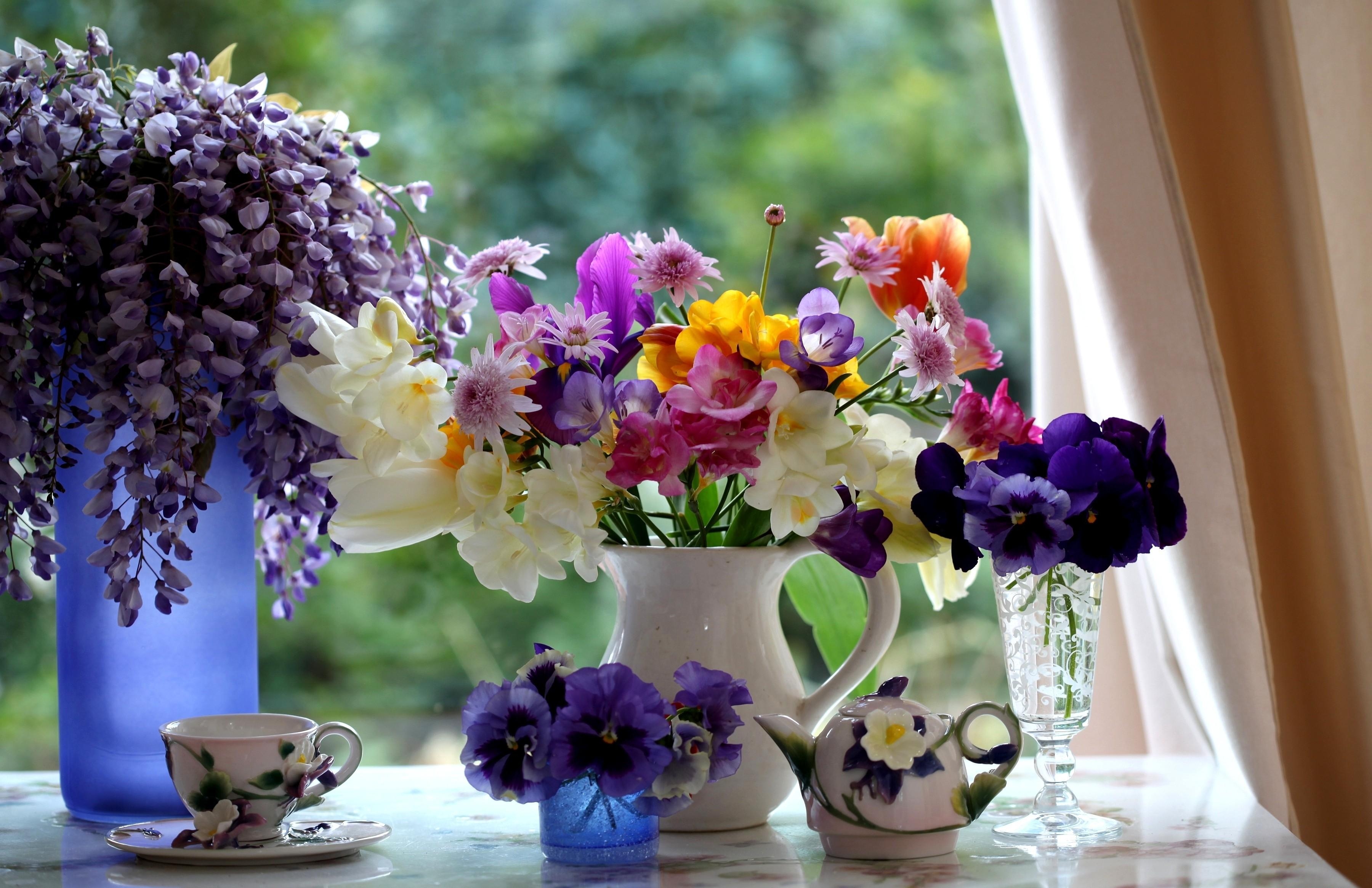 wisteria, flowers, pansies, tulips, bouquets, jug, freesia, porcelain 4K Ultra