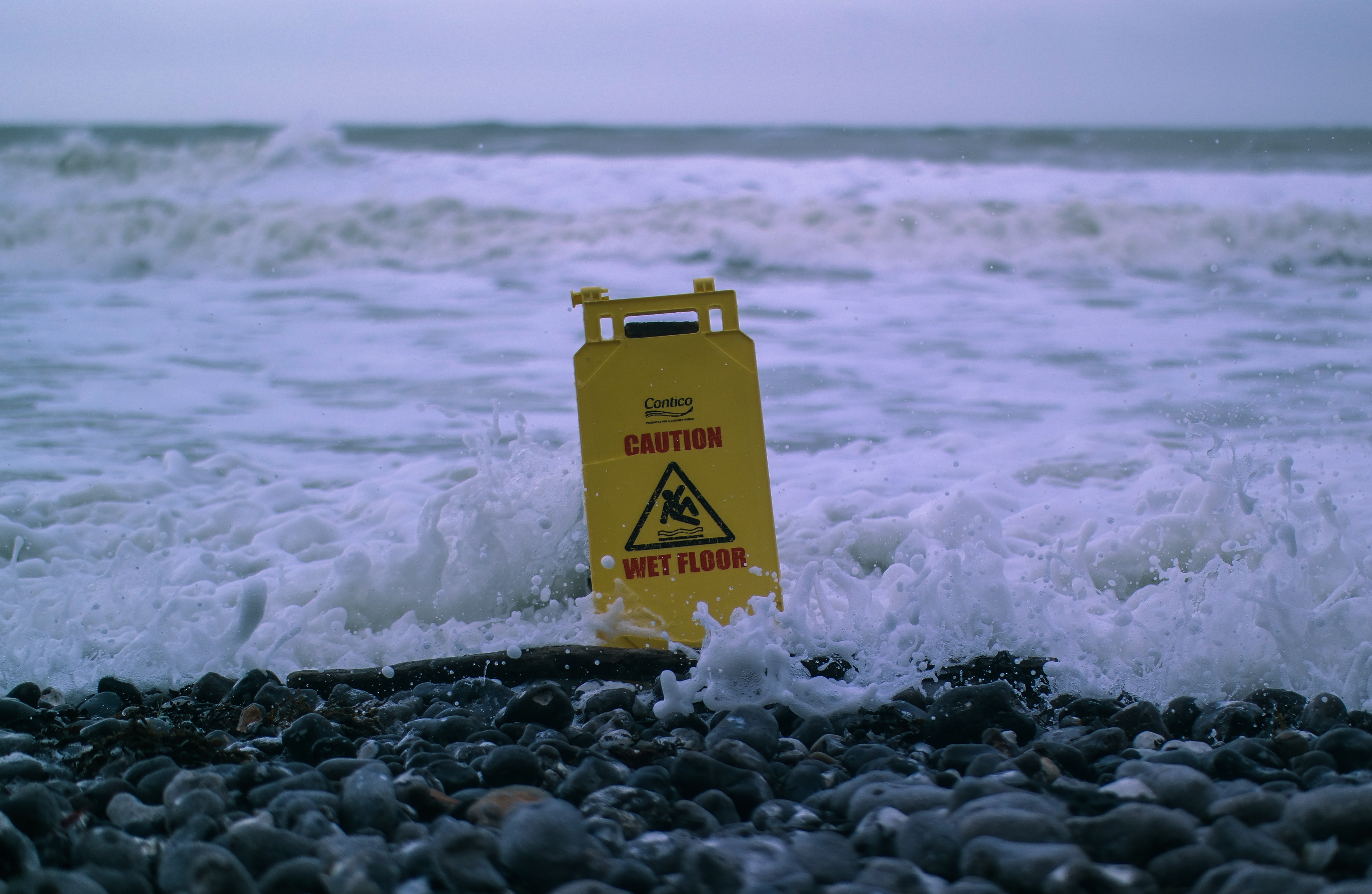 sign, nature, stones, sea, foam, caution 2160p