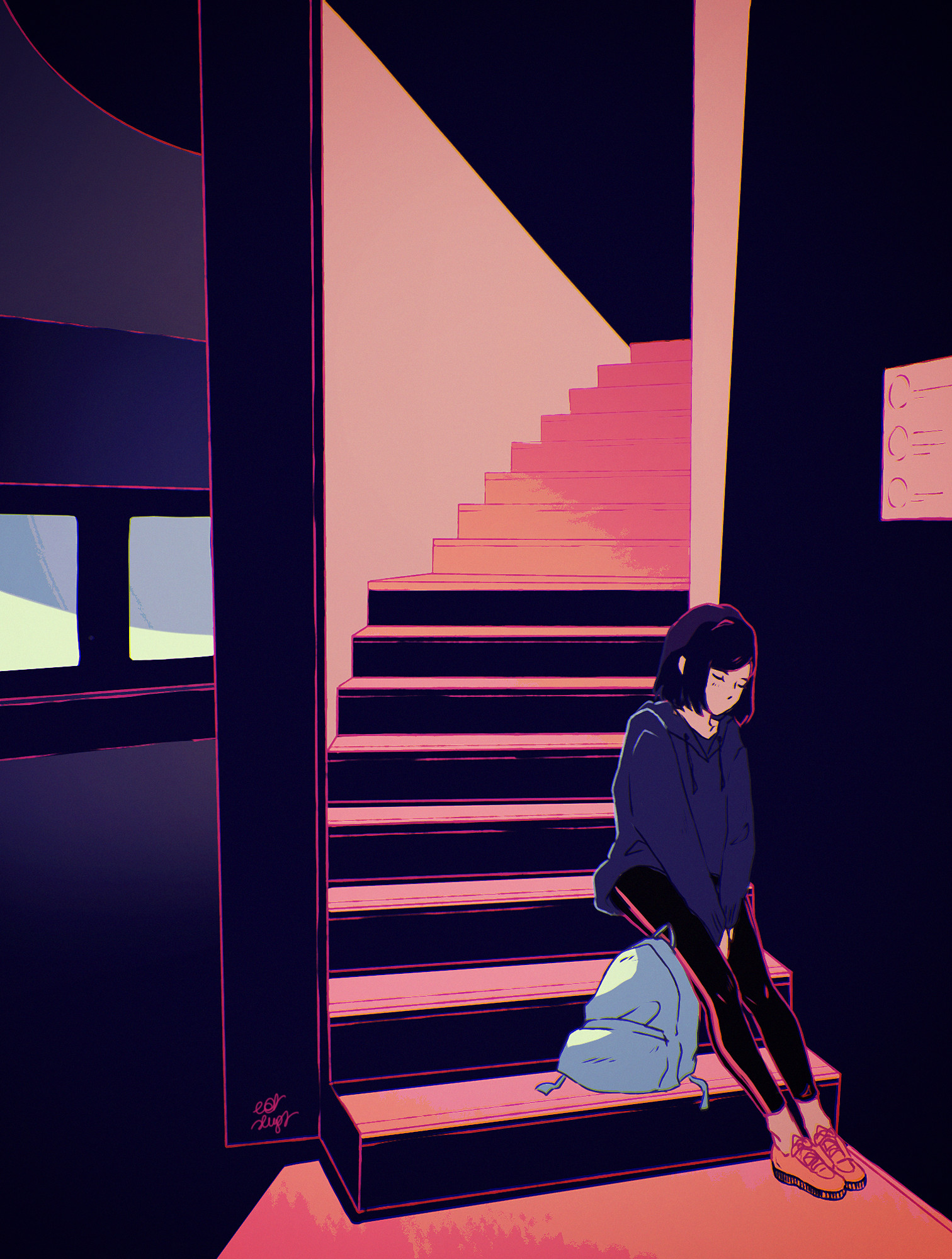 sadness, art, vector, girl, stairs, ladder, loneliness, sorrow mobile wallpaper