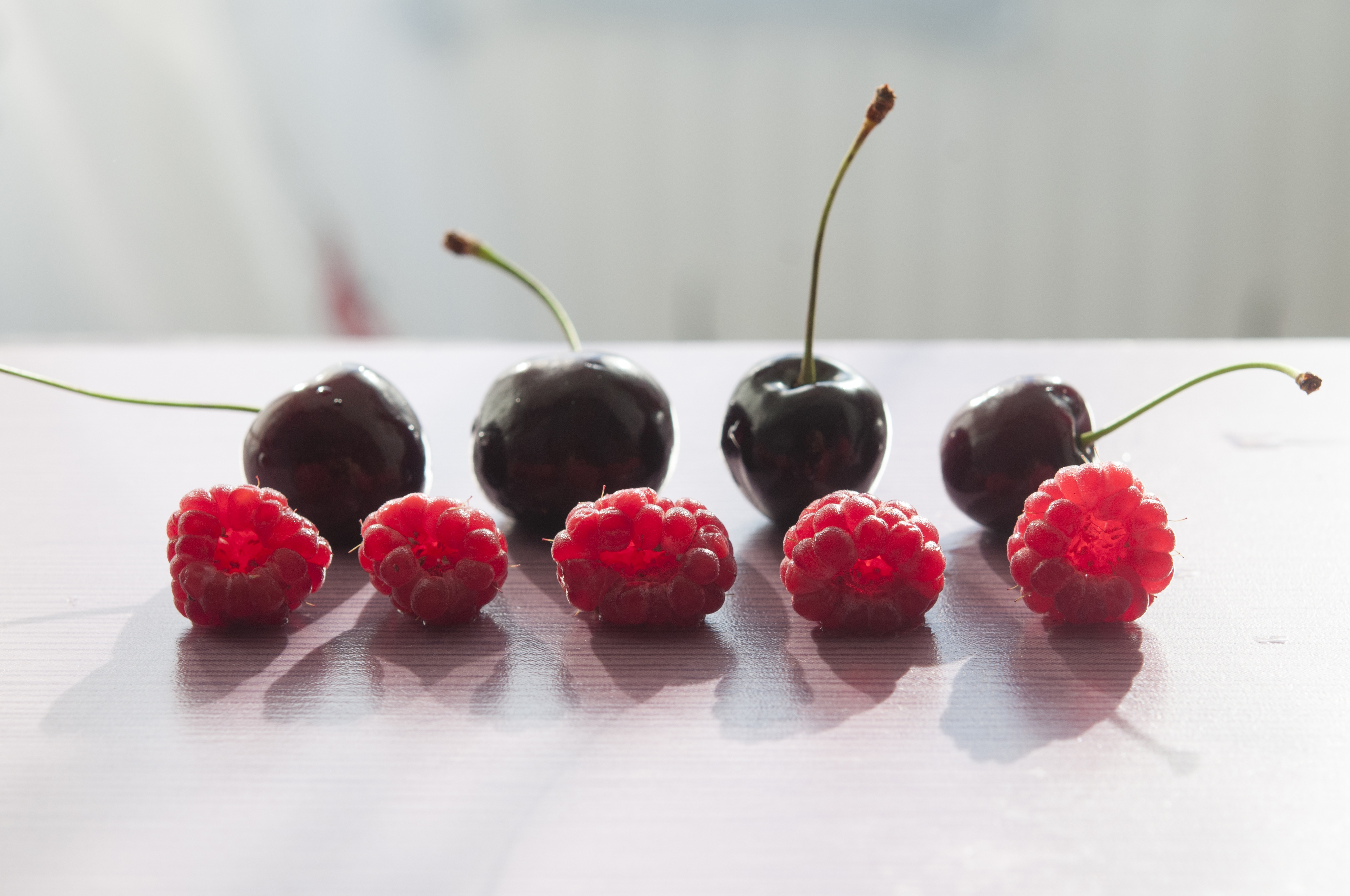 sweet cherry, food, cherry, raspberry, berries, shadow iphone wallpaper