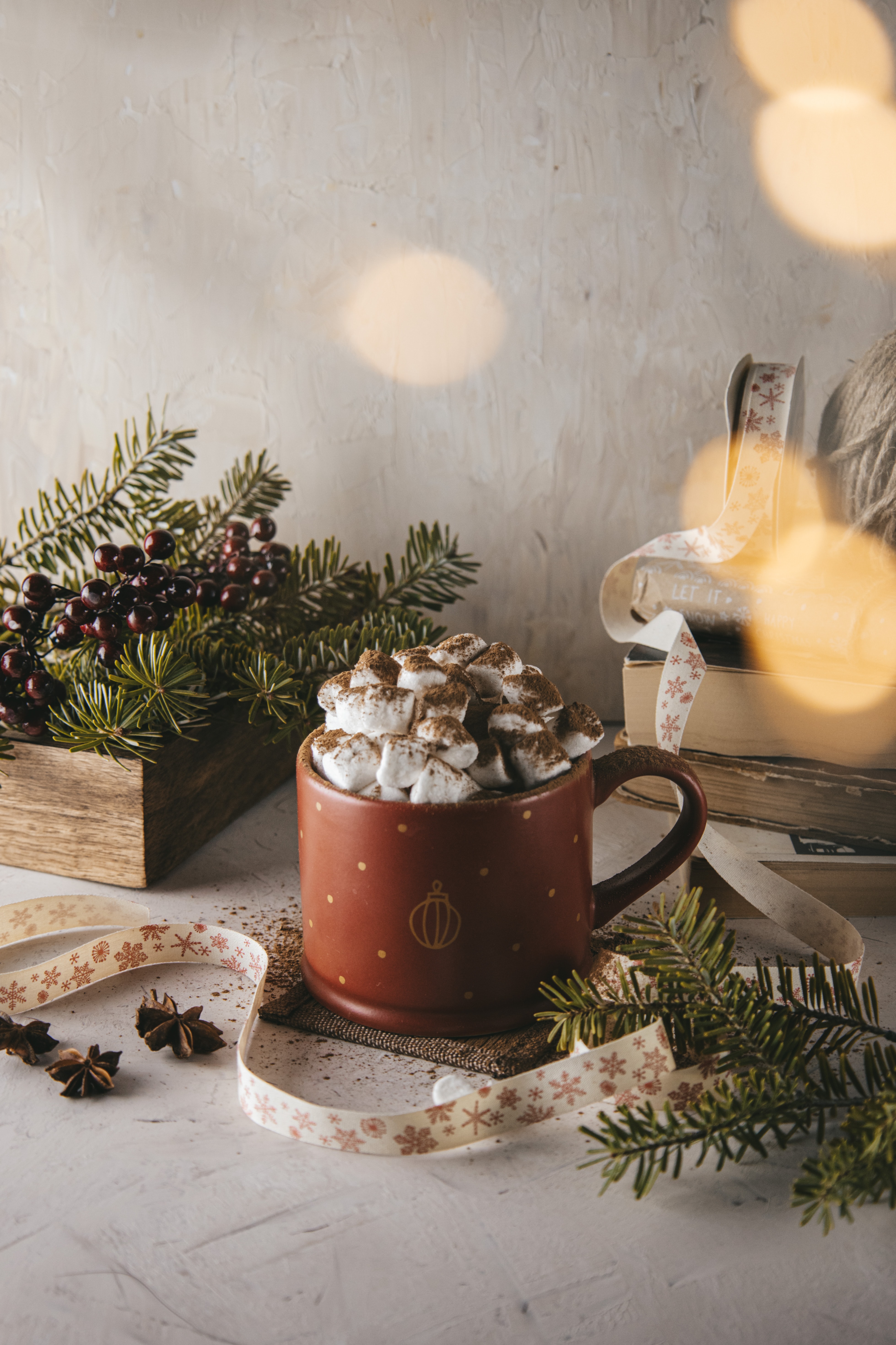 mug, zephyr, food, cup, branches, spruce, fir, marshmallow Full HD
