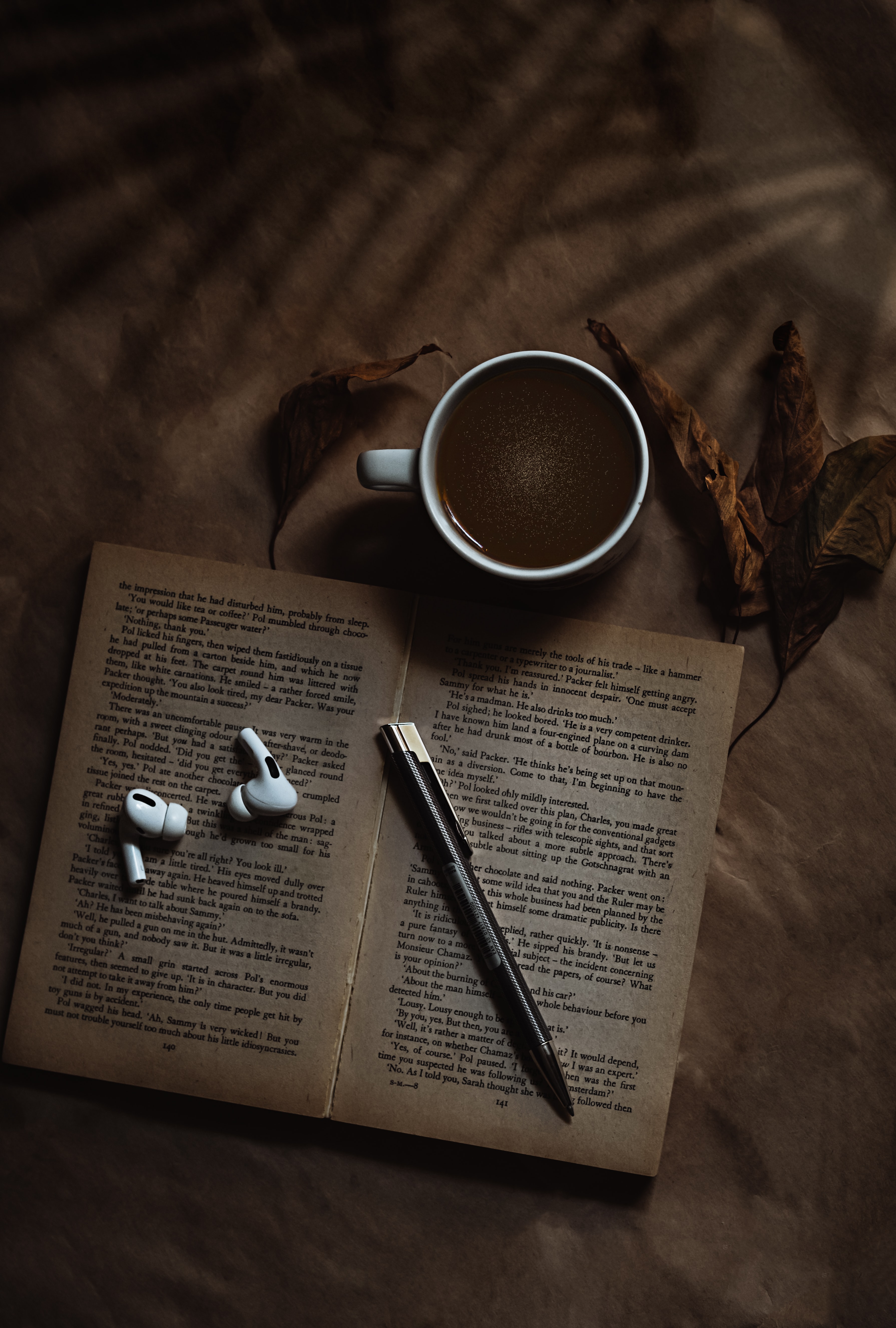 coffee, headphones, book, cup, miscellanea, miscellaneous, text phone background