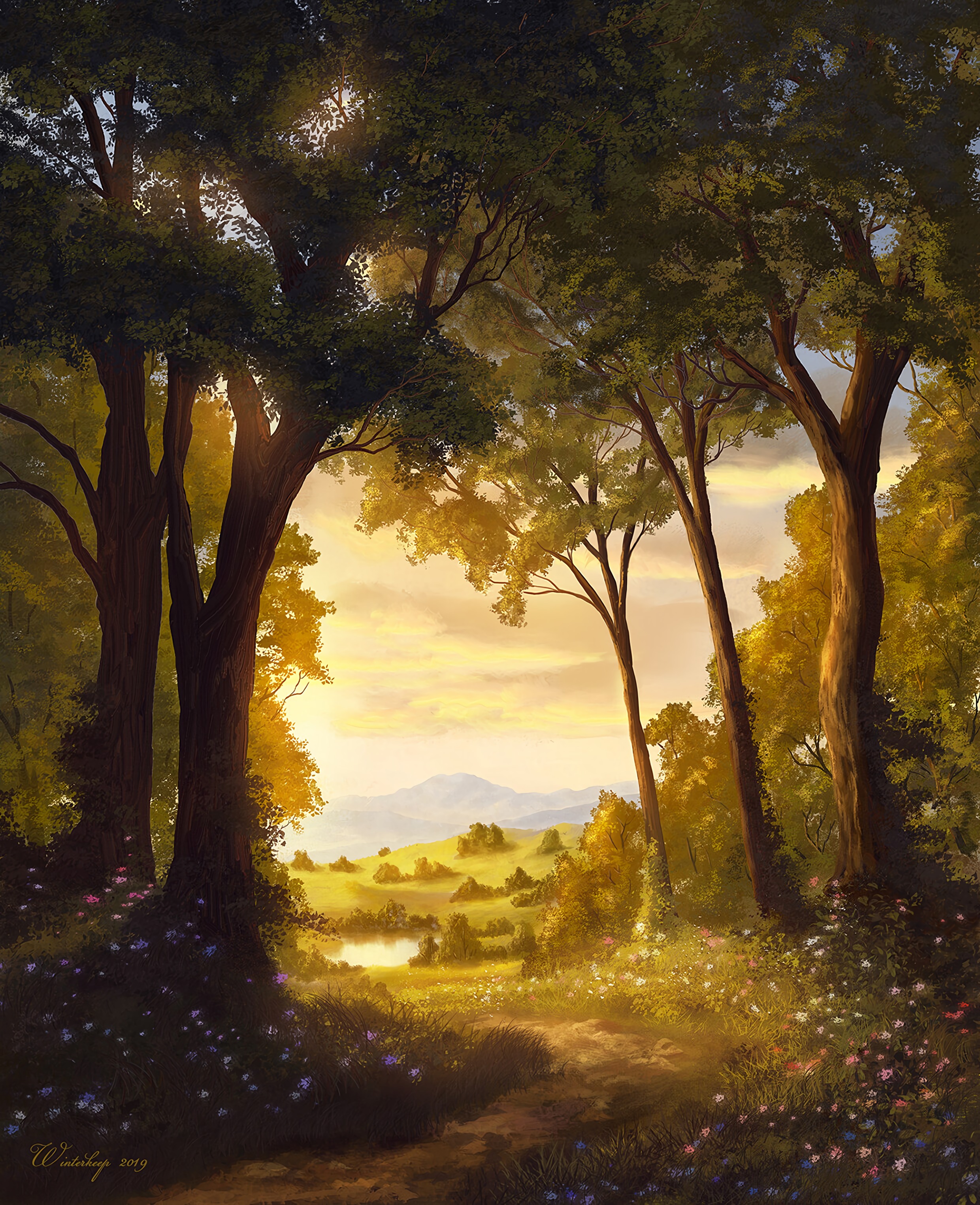 Download mobile wallpaper Art, Path, Trees, Shine, Light, Landscape for free.