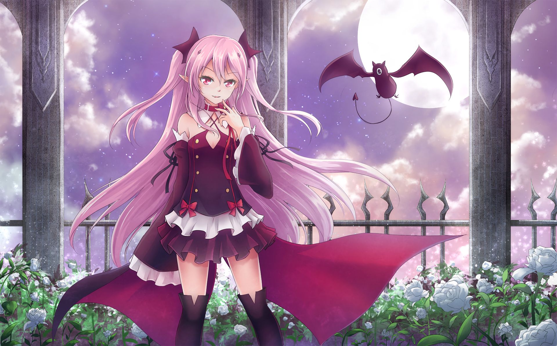HD desktop wallpaper: Anime, Moon, Flower, Fence, Smile, Collar, Dress,  Vampire, Pink Hair, Long Hair, Pointed Ears, Twintails, Thigh Boots, Pink  Eyes, Seraph Of The End, Krul Tepes download free picture #731753