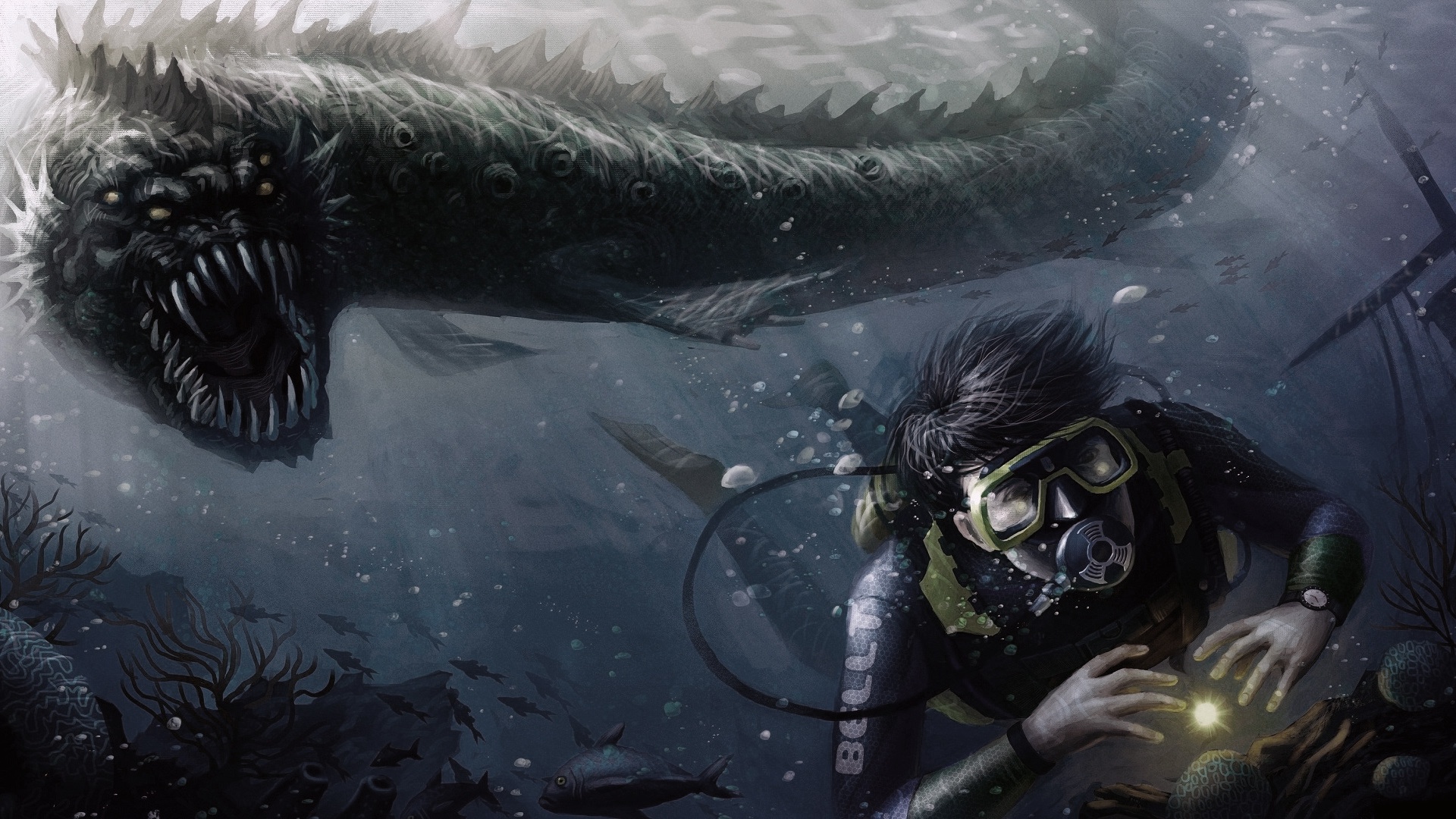 HD desktop wallpaper: Fantasy, Underwater, Monster, Diving, Scuba Diver,  Sea Monster download free picture #983743