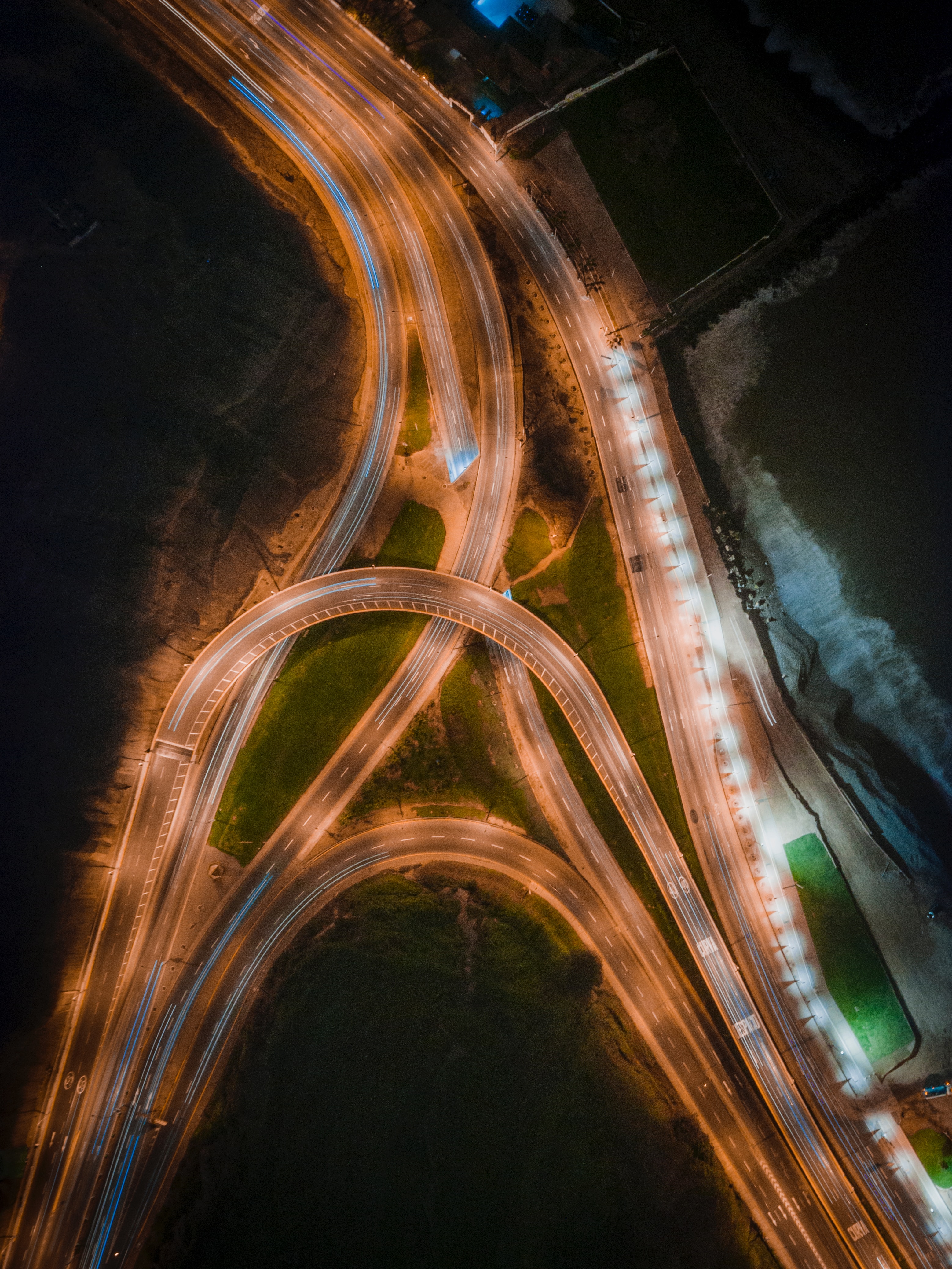 view from above, dark, road, backlight, illumination, confused, intricate, road junction