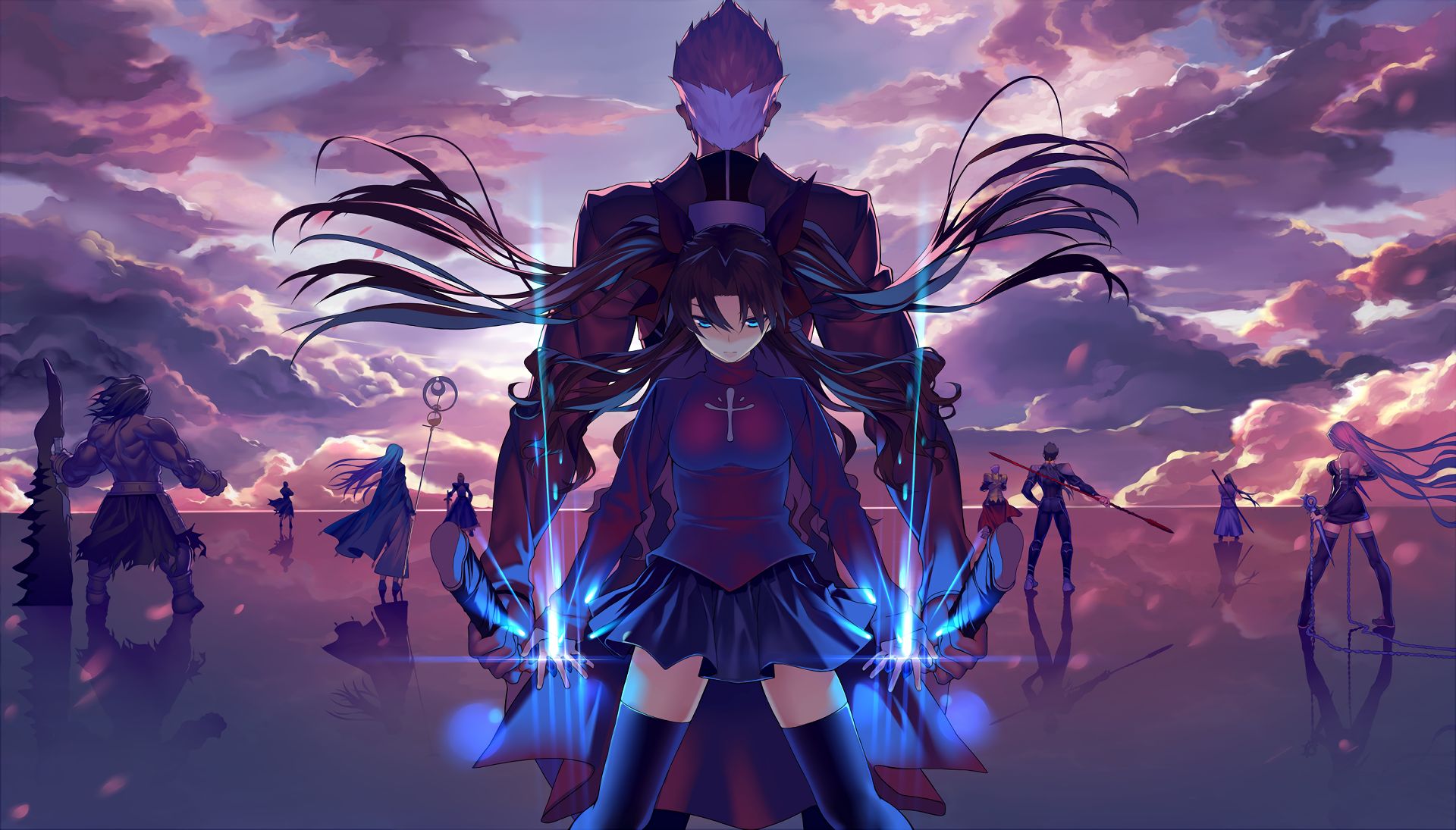 anime, reflection, fate series, fate/stay night: unlimited blade works, archer (fate/stay night), blue eyes, cloud, rin tohsaka, skirt, staff, sword, thigh highs, weapon