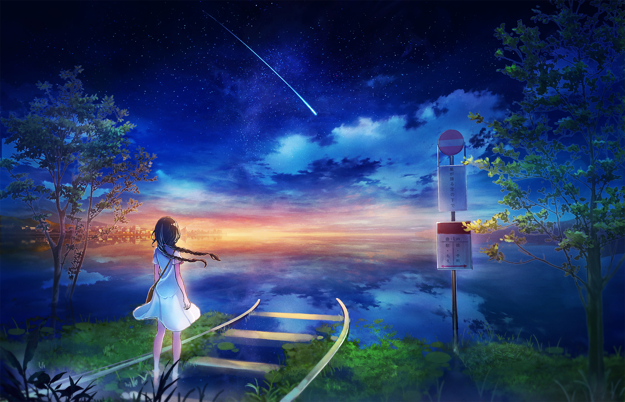 Comet moon, sea, anime, original Lock Screen
