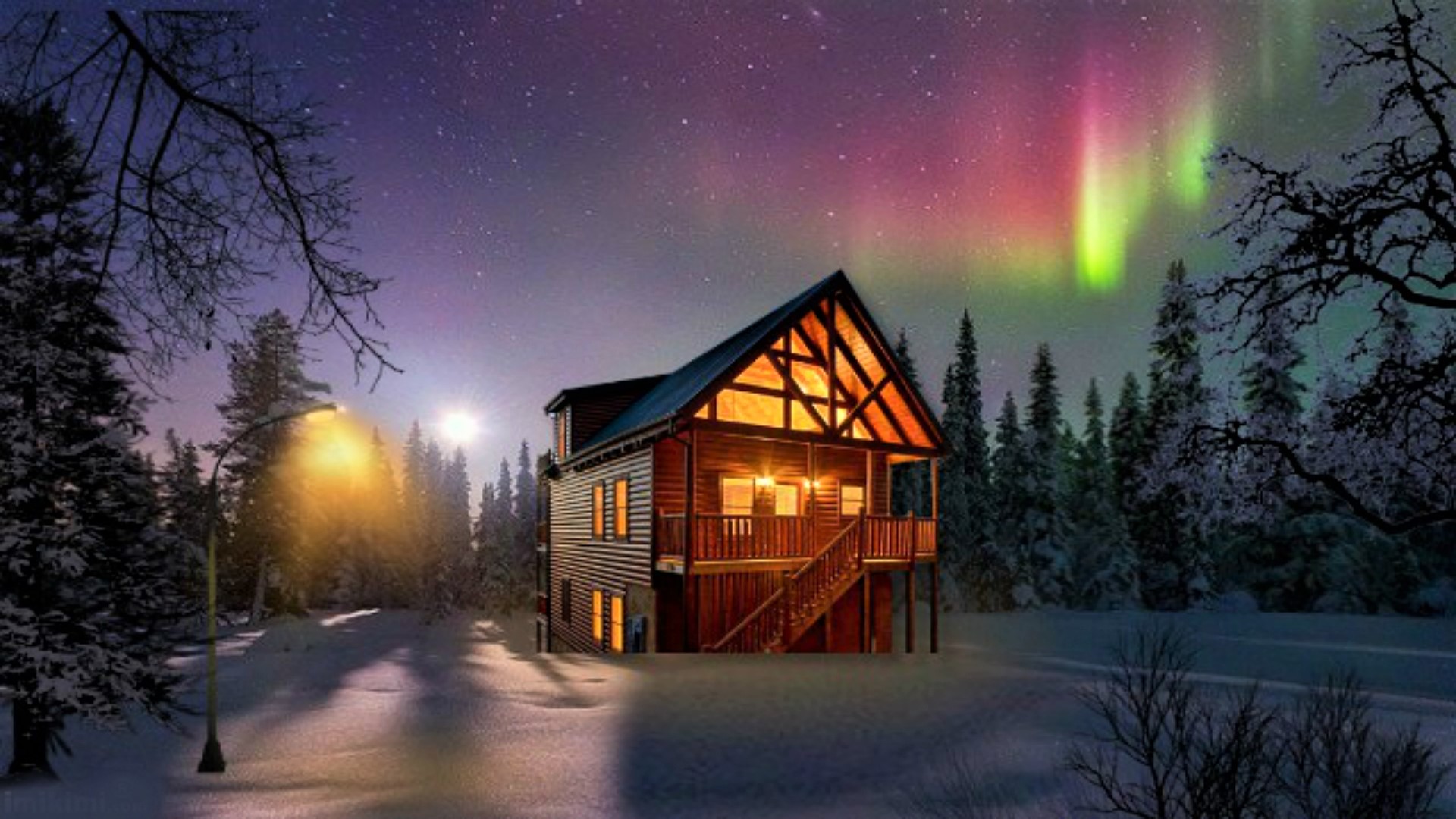 lodge, man made, house, aurora borealis, cottage, light, night, sky, snow, starry sky, tree, winter