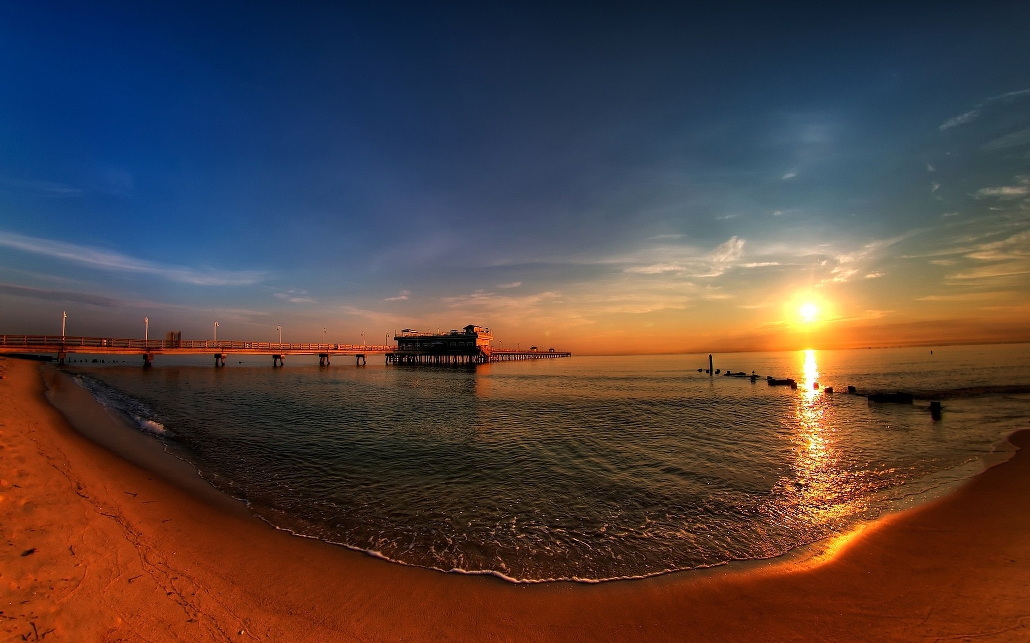 Laden Sie das Ufer, Natur, Sunset, Bank, Seebrücke, Pier, Panorama-Bild kostenlos auf Ihren PC-Desktop herunter
