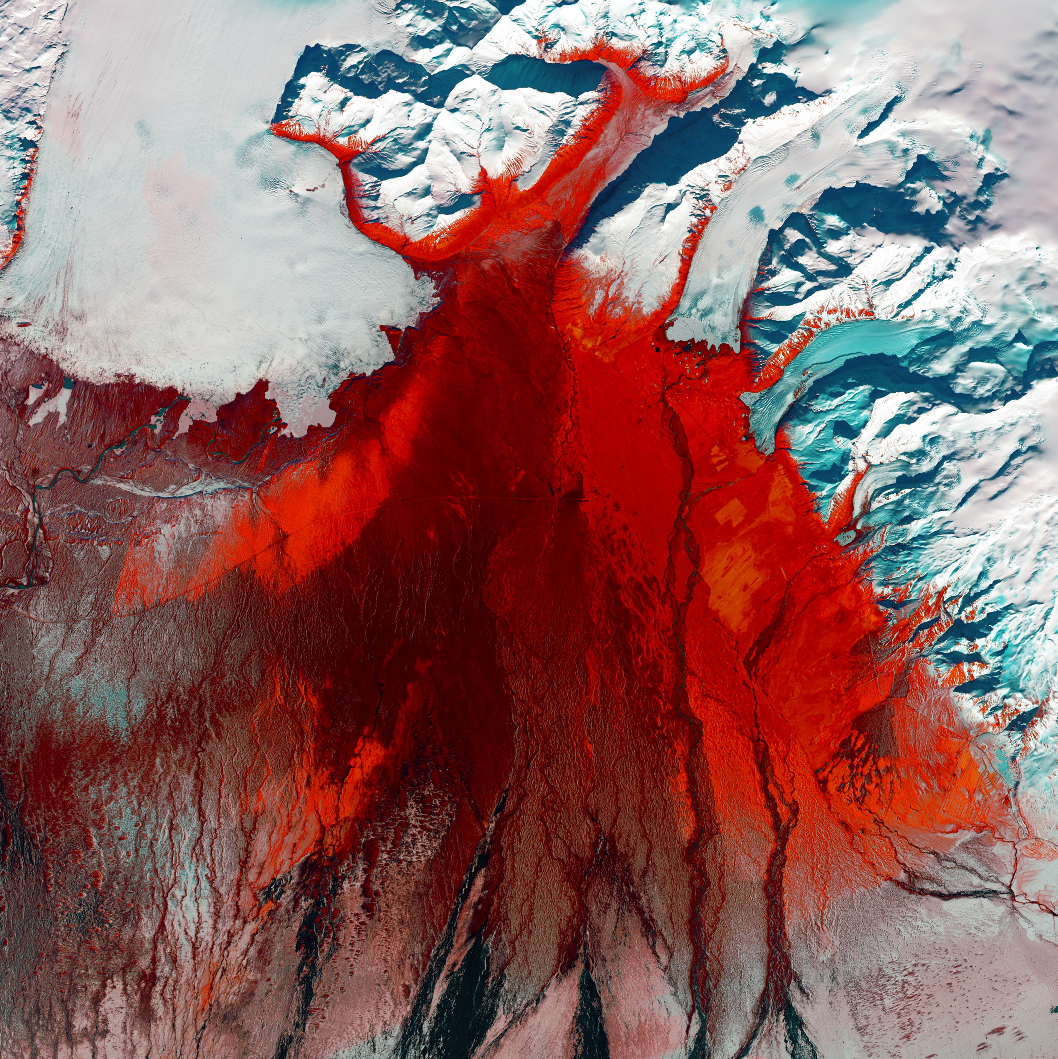 glacier, view from above, nature, ice, red, relief High Definition image