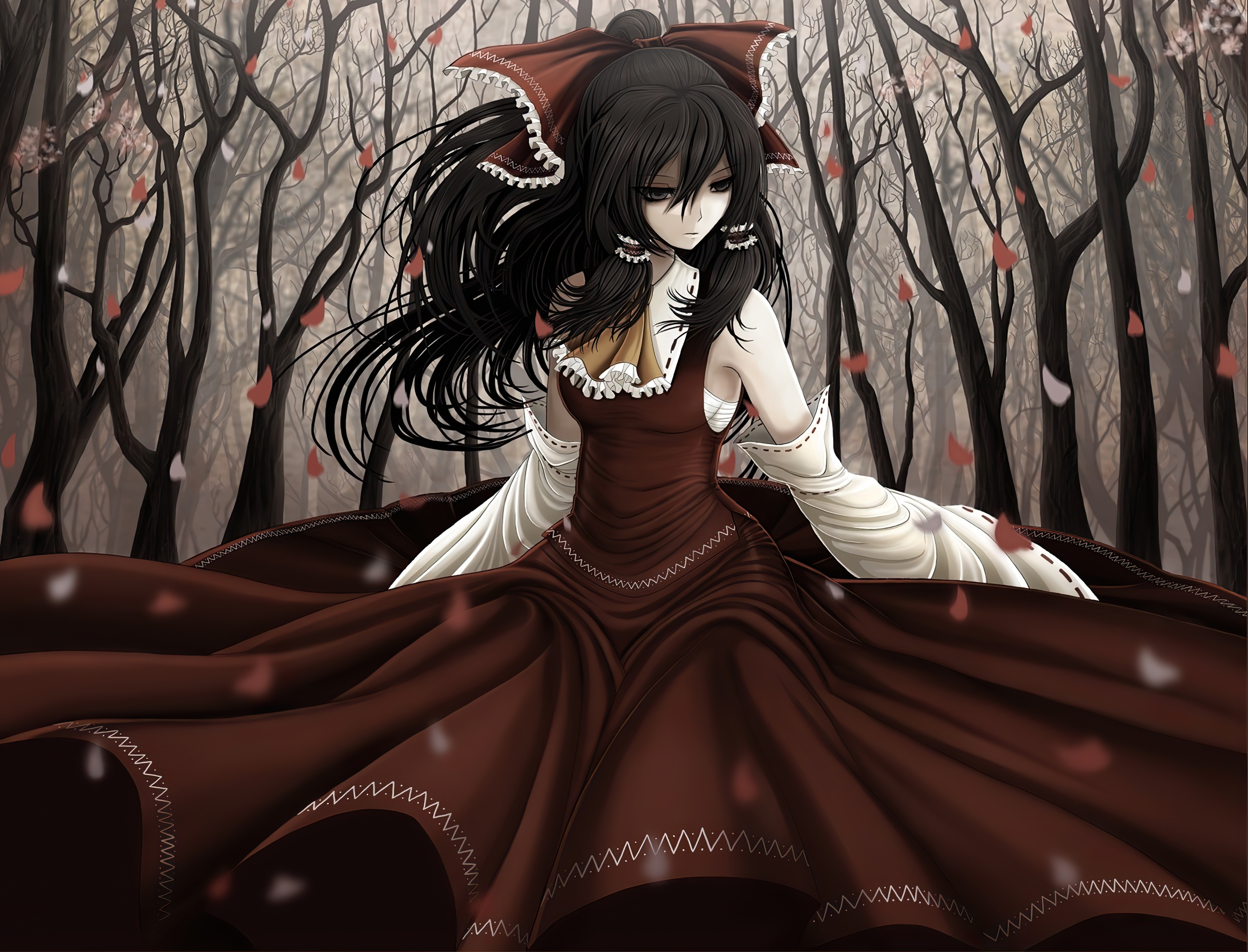 anime, touhou, black hair, red dress, reimu hakurei lock screen backgrounds