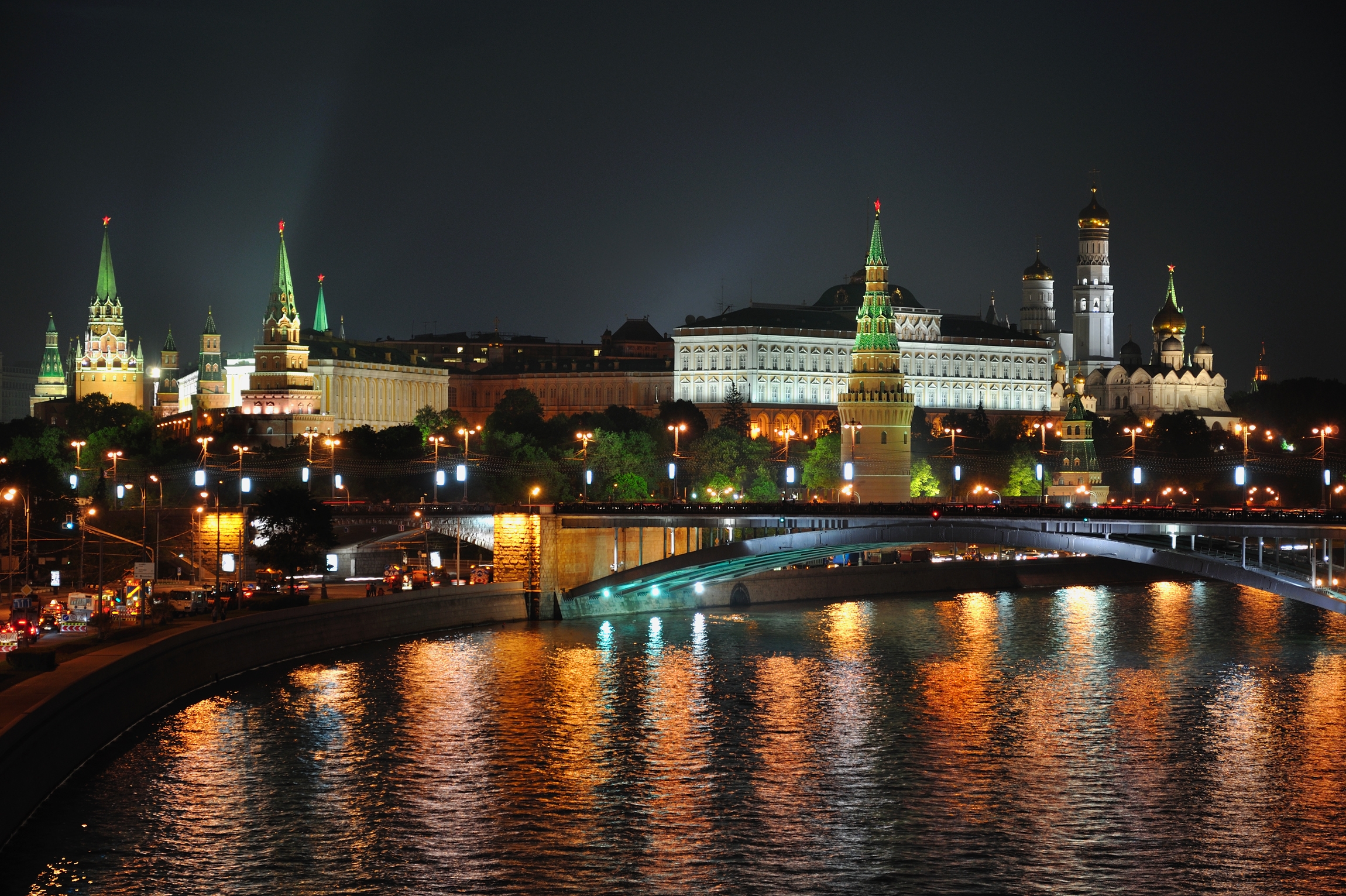 lights, night, cities, rivers, moskow, city, reflection, bridge