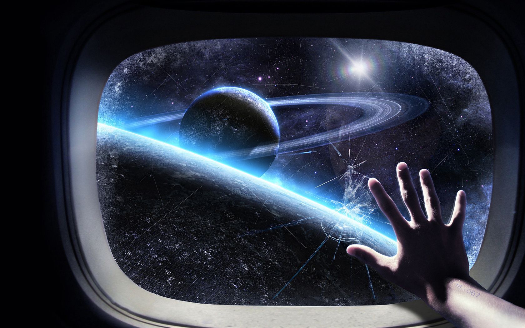 universe, hand, glass, planet, ship, orbit phone background