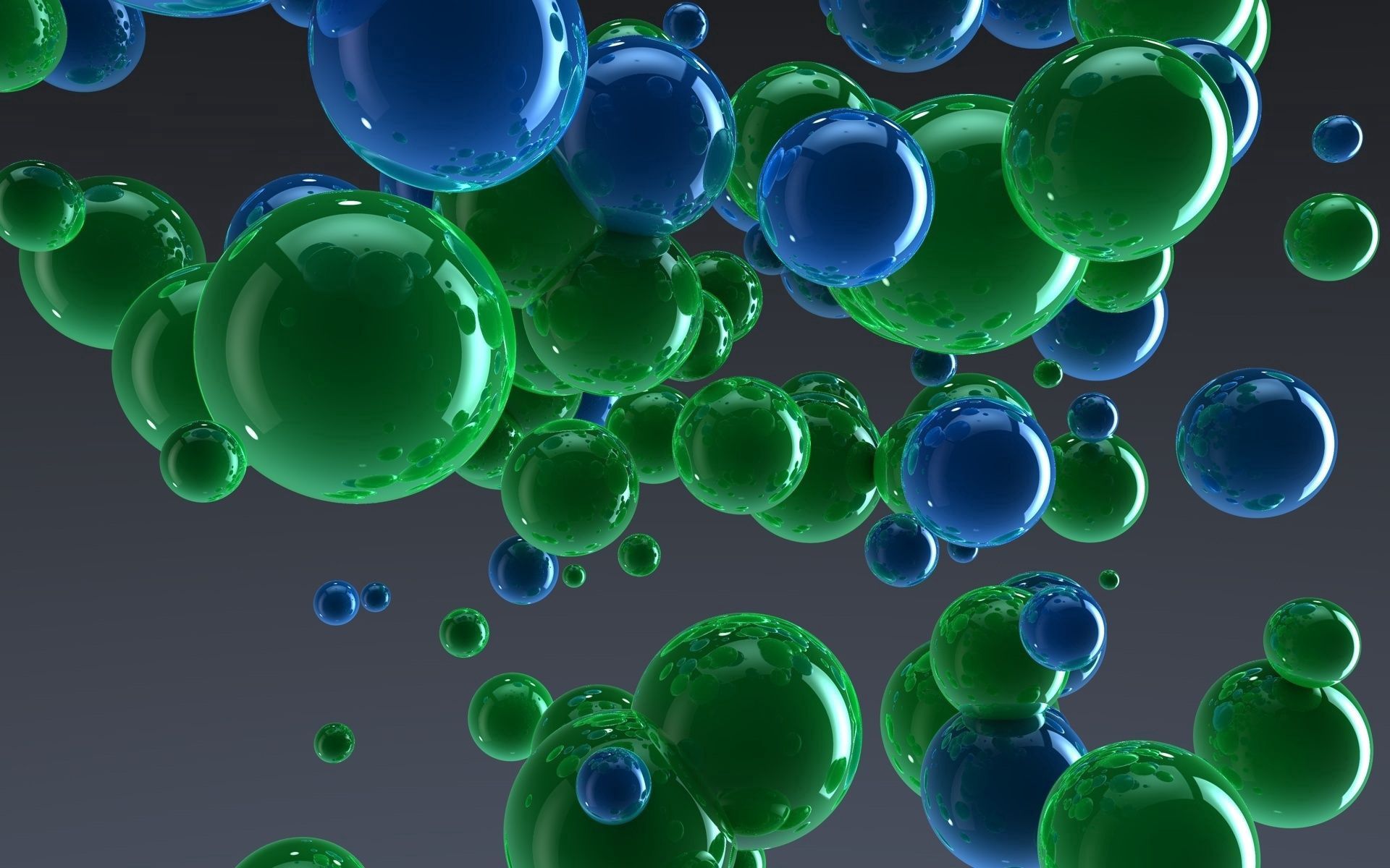 balloons, 3d, art, drops, green, blue, reflection, balls, taw, gray background, grey background phone background