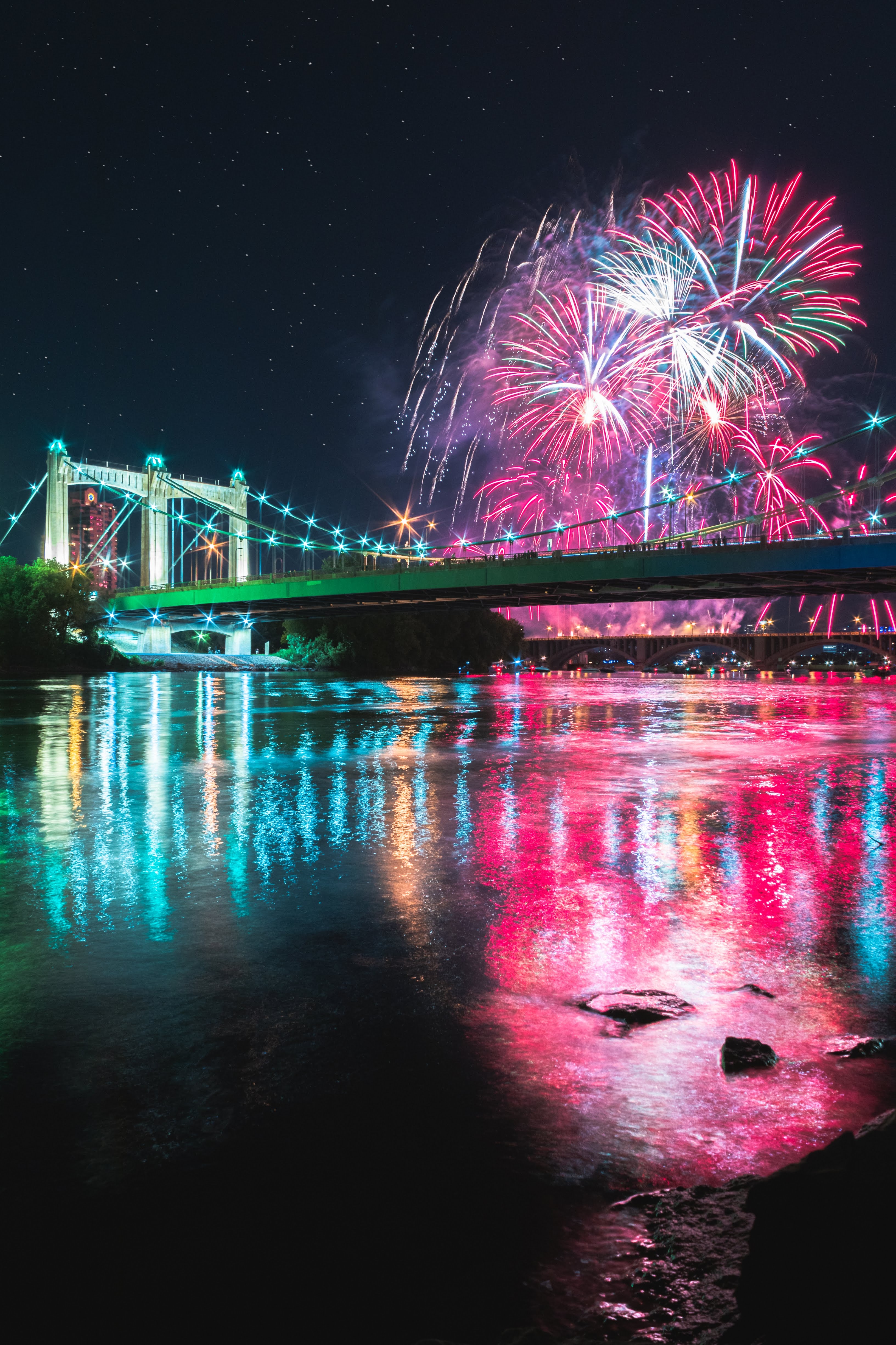 holidays, night, lights, reflection, bridge, fireworks, firework phone wallpaper