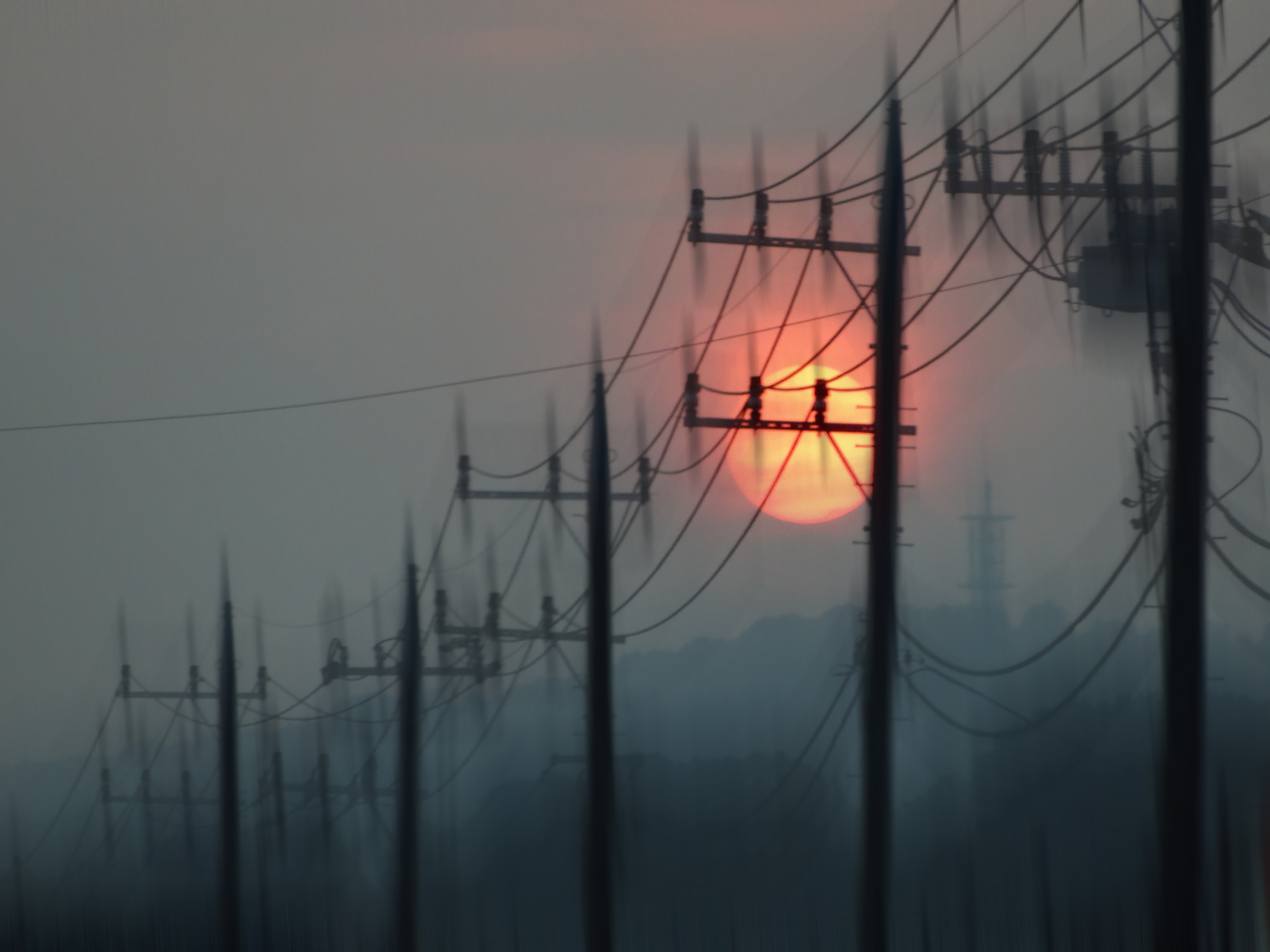 sunset, sun, miscellanea, miscellaneous, blur, smooth, pillars, posts, wires, wire download HD wallpaper