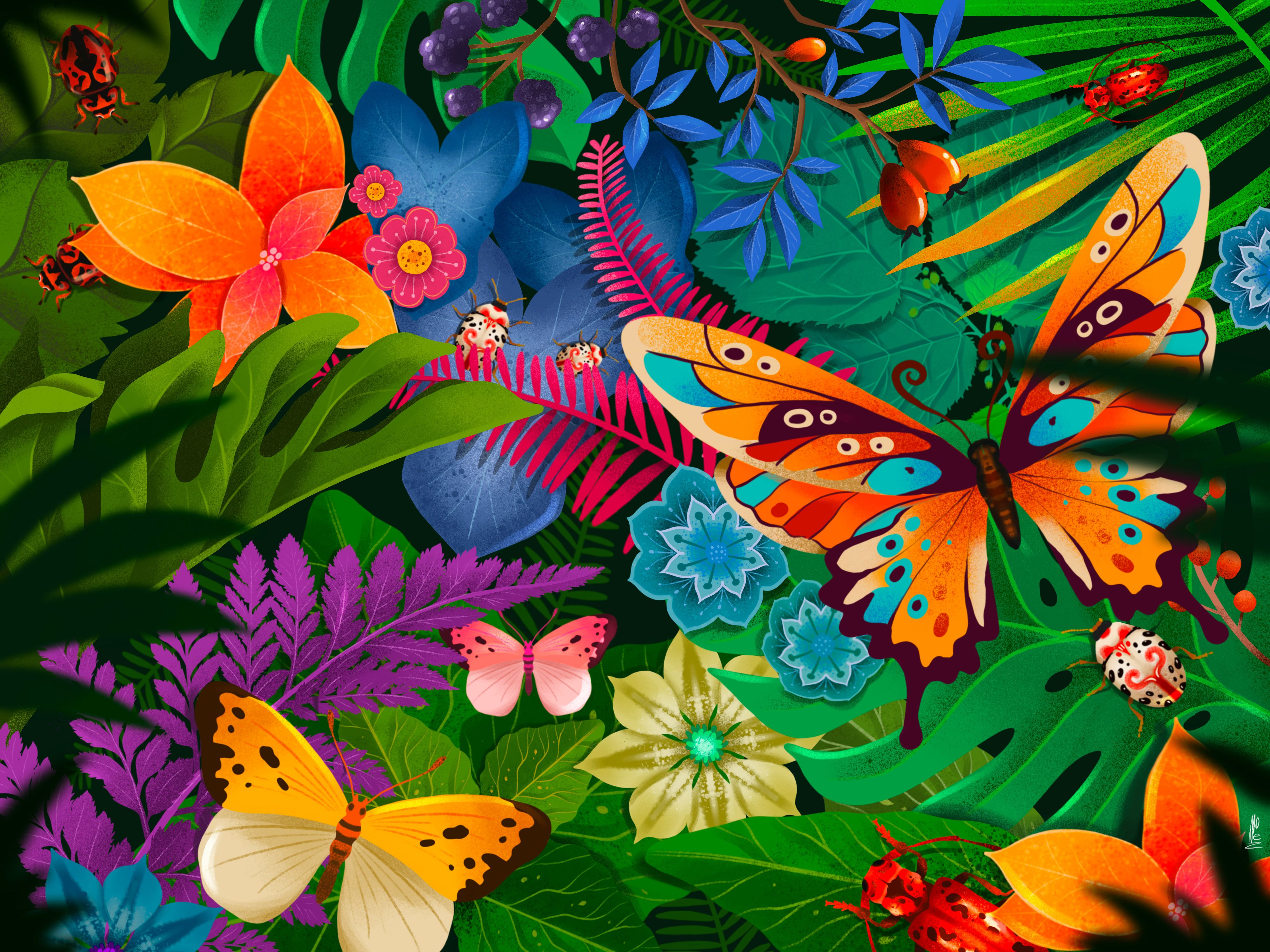 HD desktop wallpaper: Flower, Leaf, Insect, Butterfly, Fruit, Artistic,  Bug, Rainforest download free picture #1531782