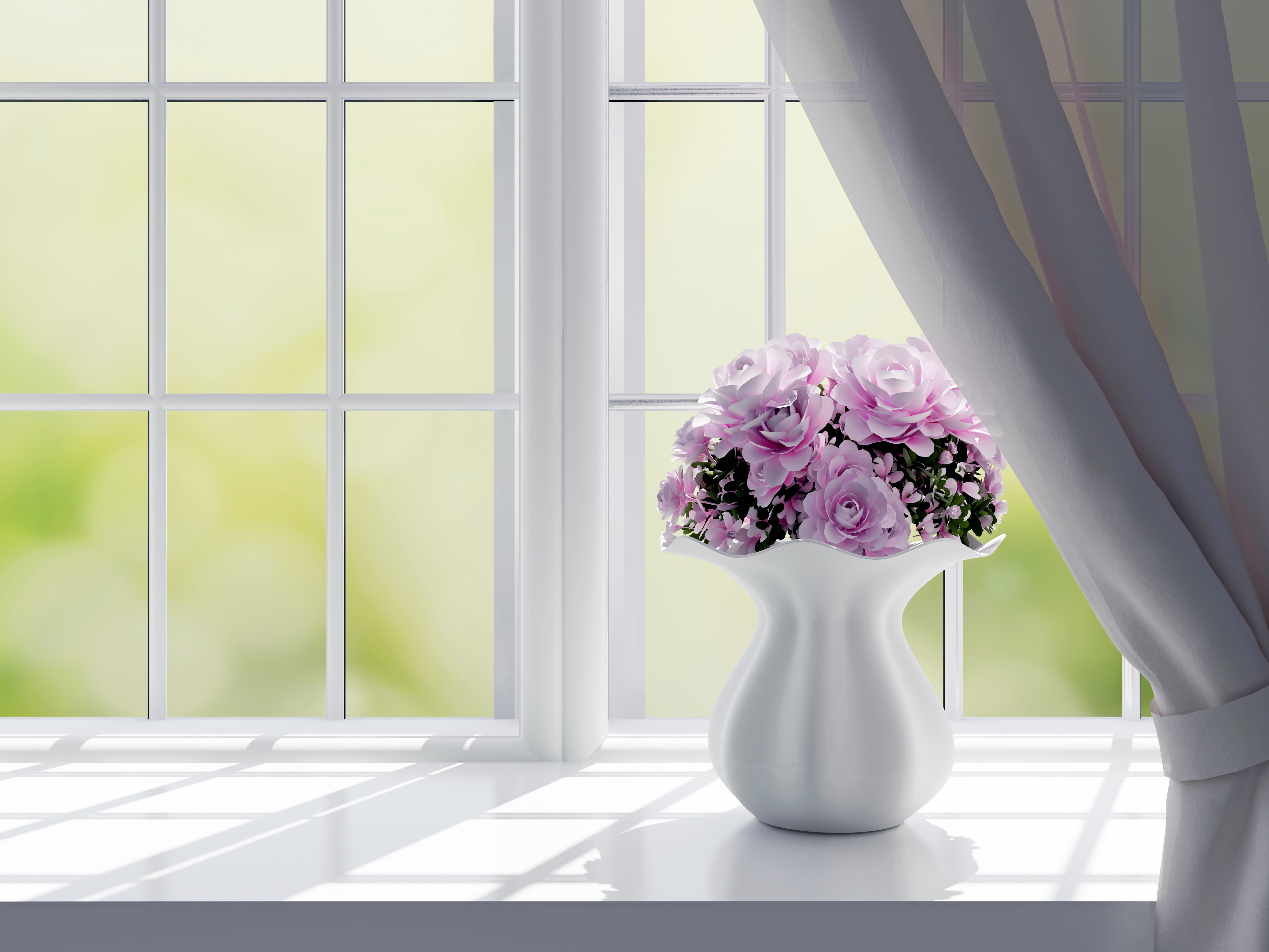 759306壁紙のダウンロードマンメイド, 窓, カーテン, 花, ピンクの花, 花瓶, 白-スクリーンセーバーと写真を無料で