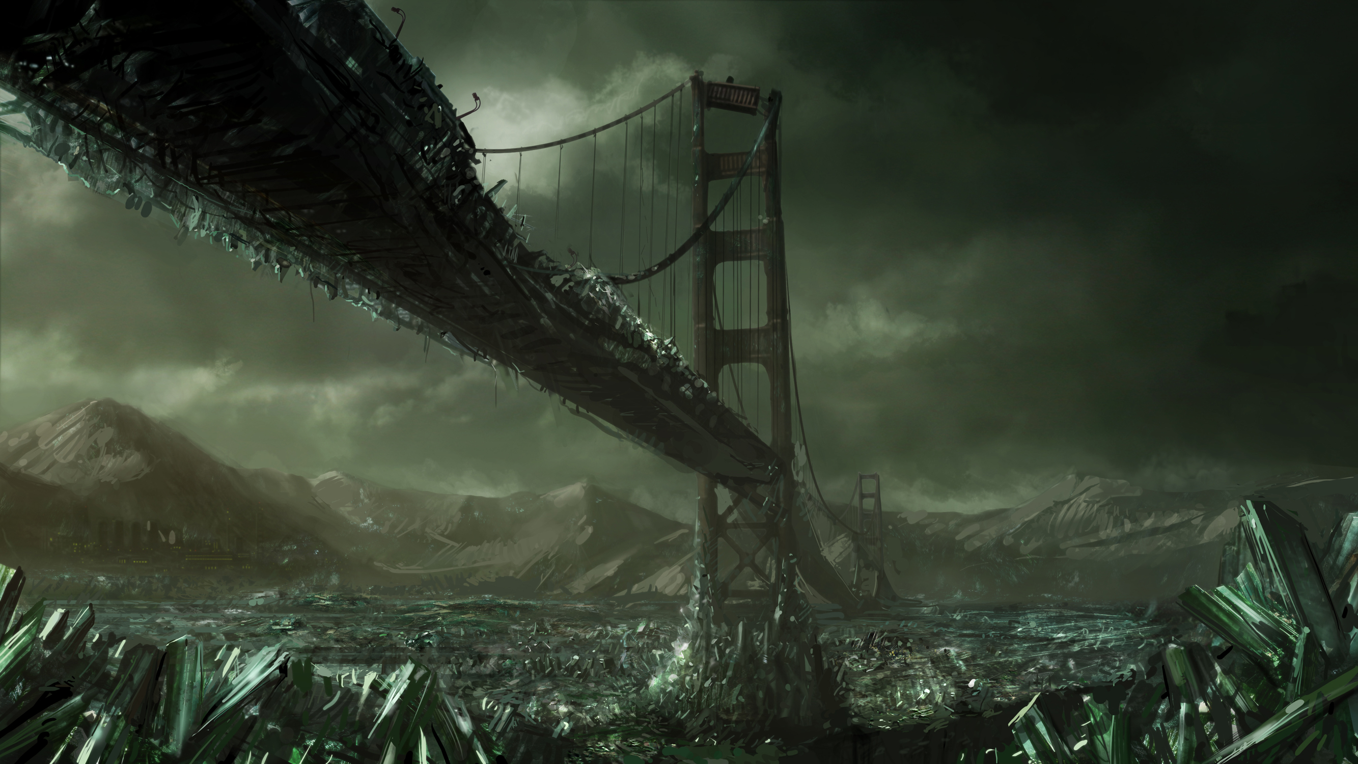 sci fi, post apocalyptic, bridge, crystal 2160p
