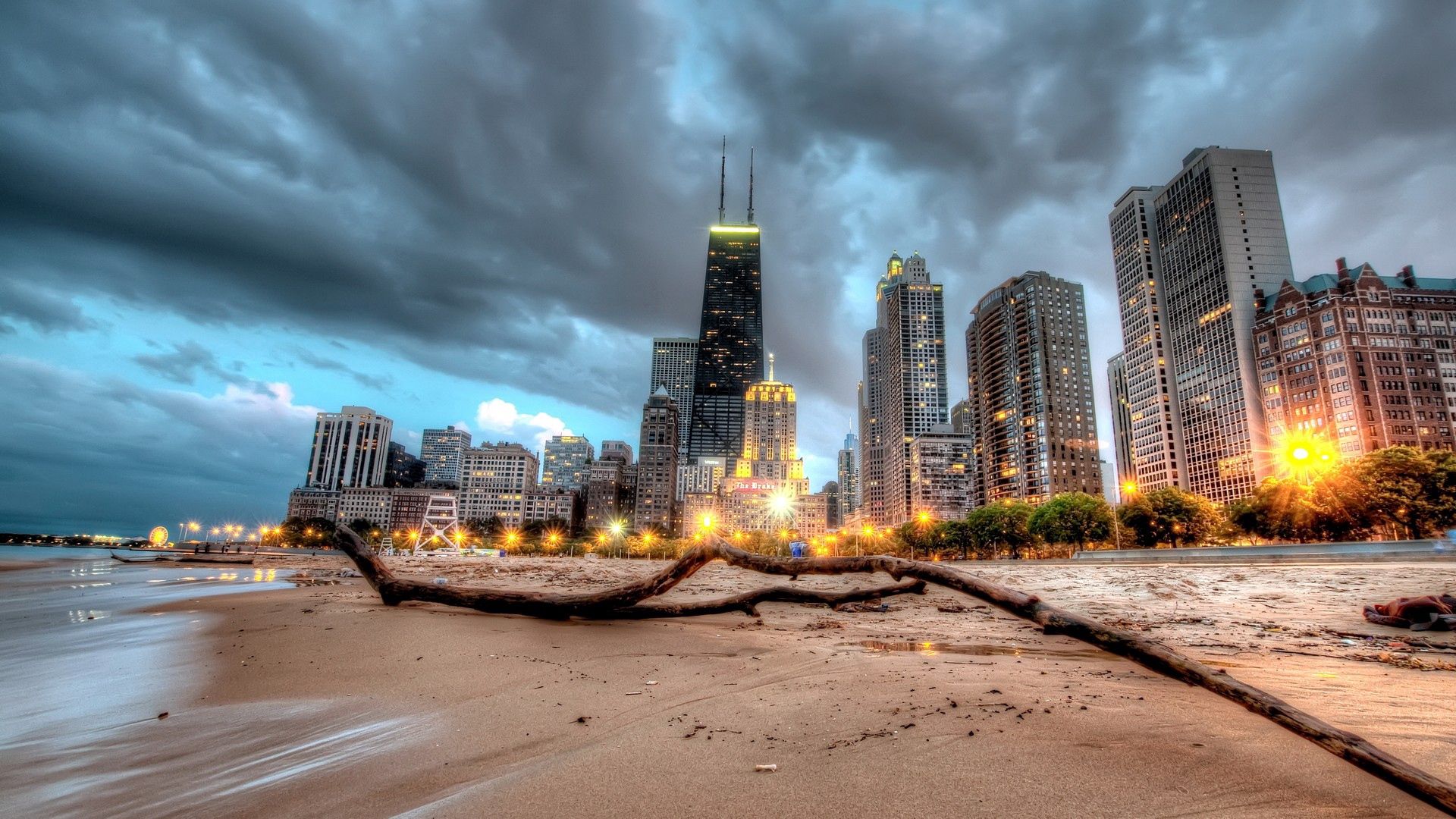 chicago, shore, skyscraper, bank, sand, cities, hdr HD wallpaper