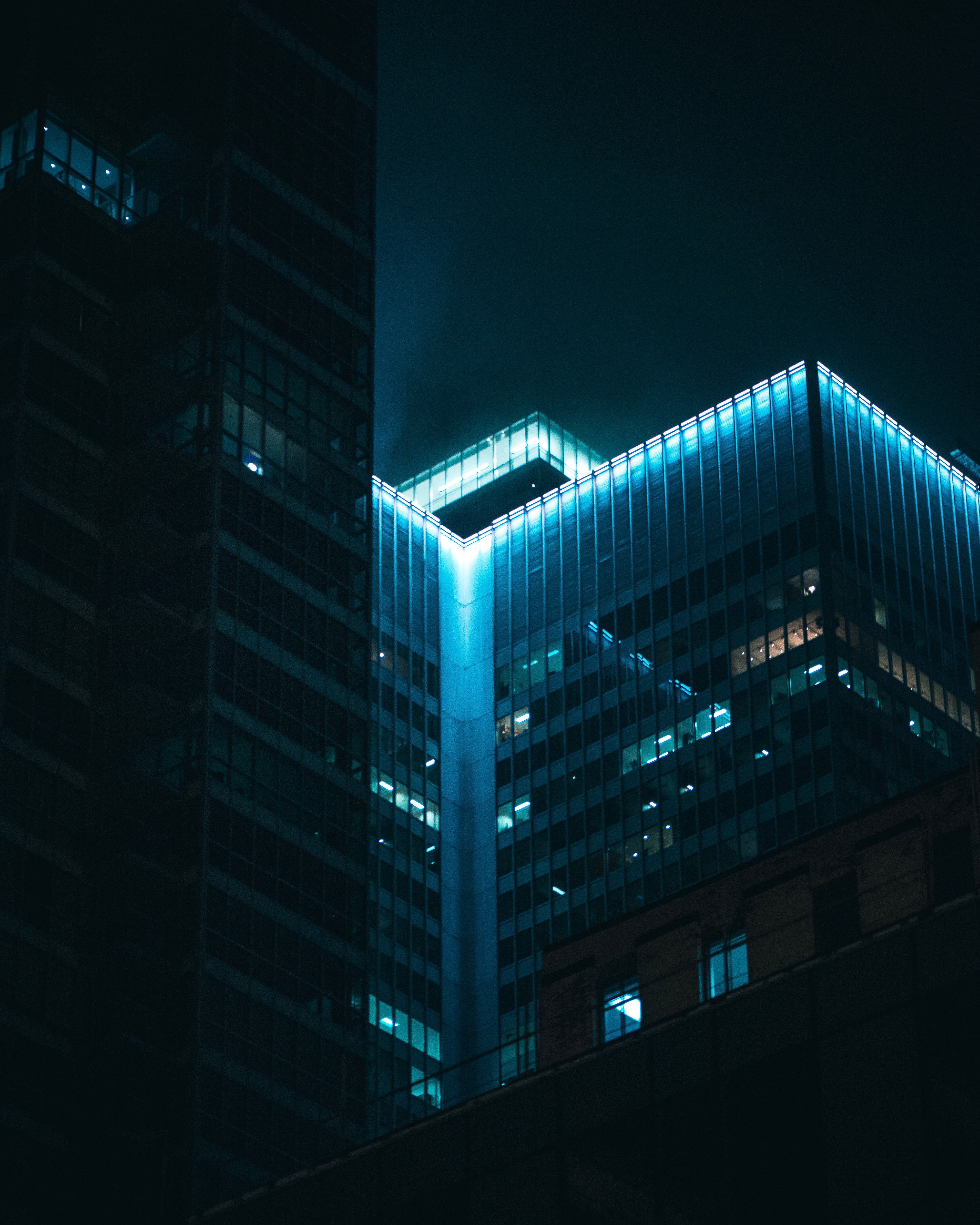 dark, night, blue, building, backlight, illumination, roof Phone Background