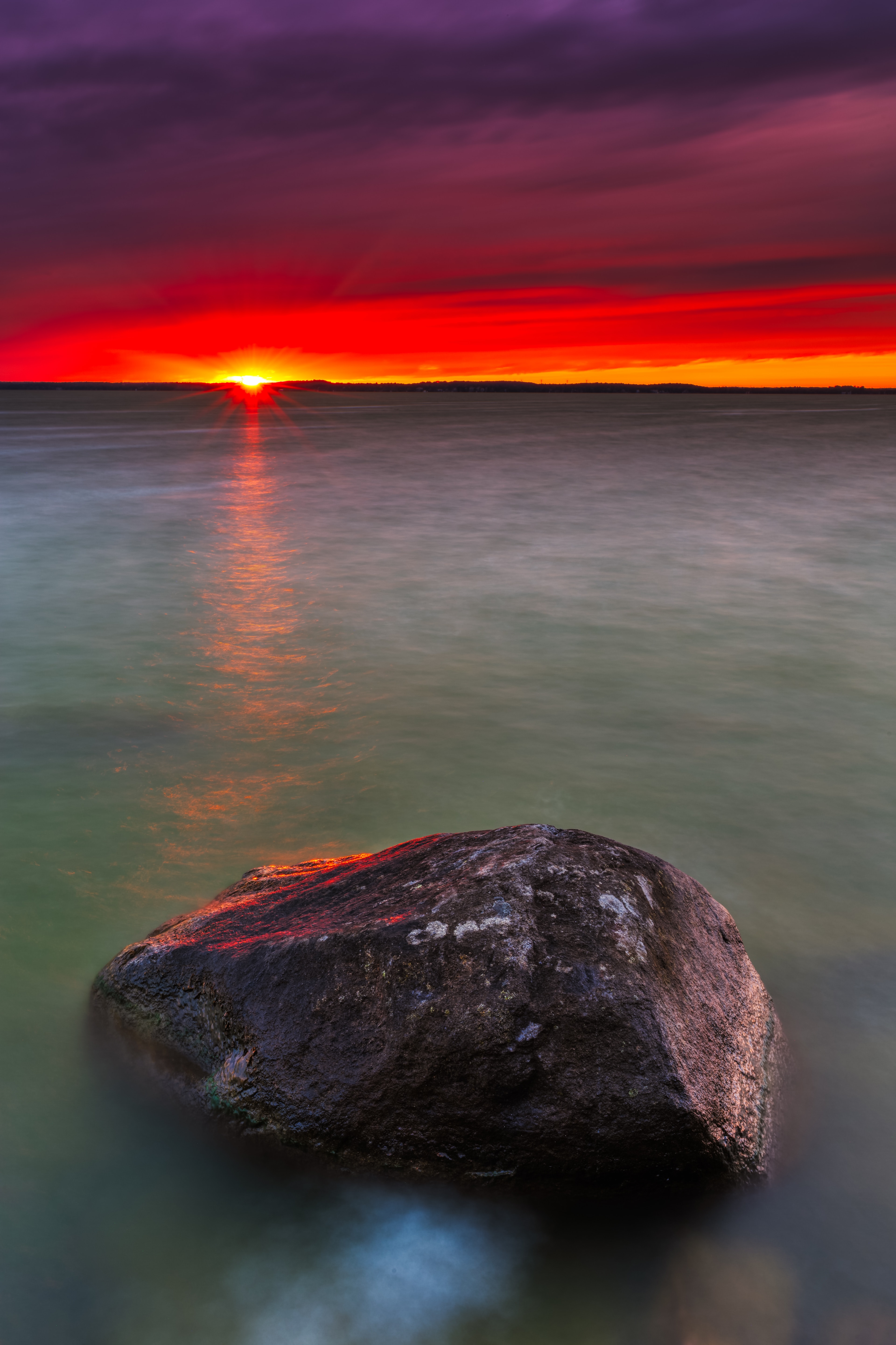lake, nature, water, sunset, rock, horizon, stone download HD wallpaper