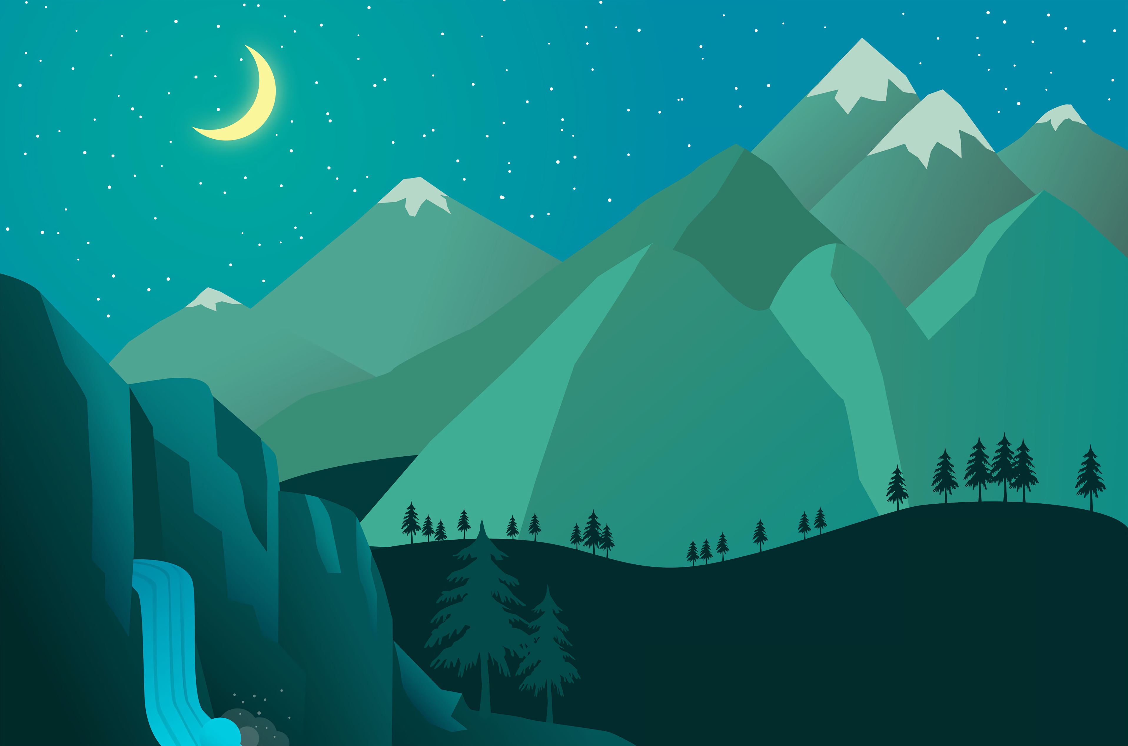 Download mobile wallpaper Vector, Art, Mountains, Night, Moon, Waterfall for free.
