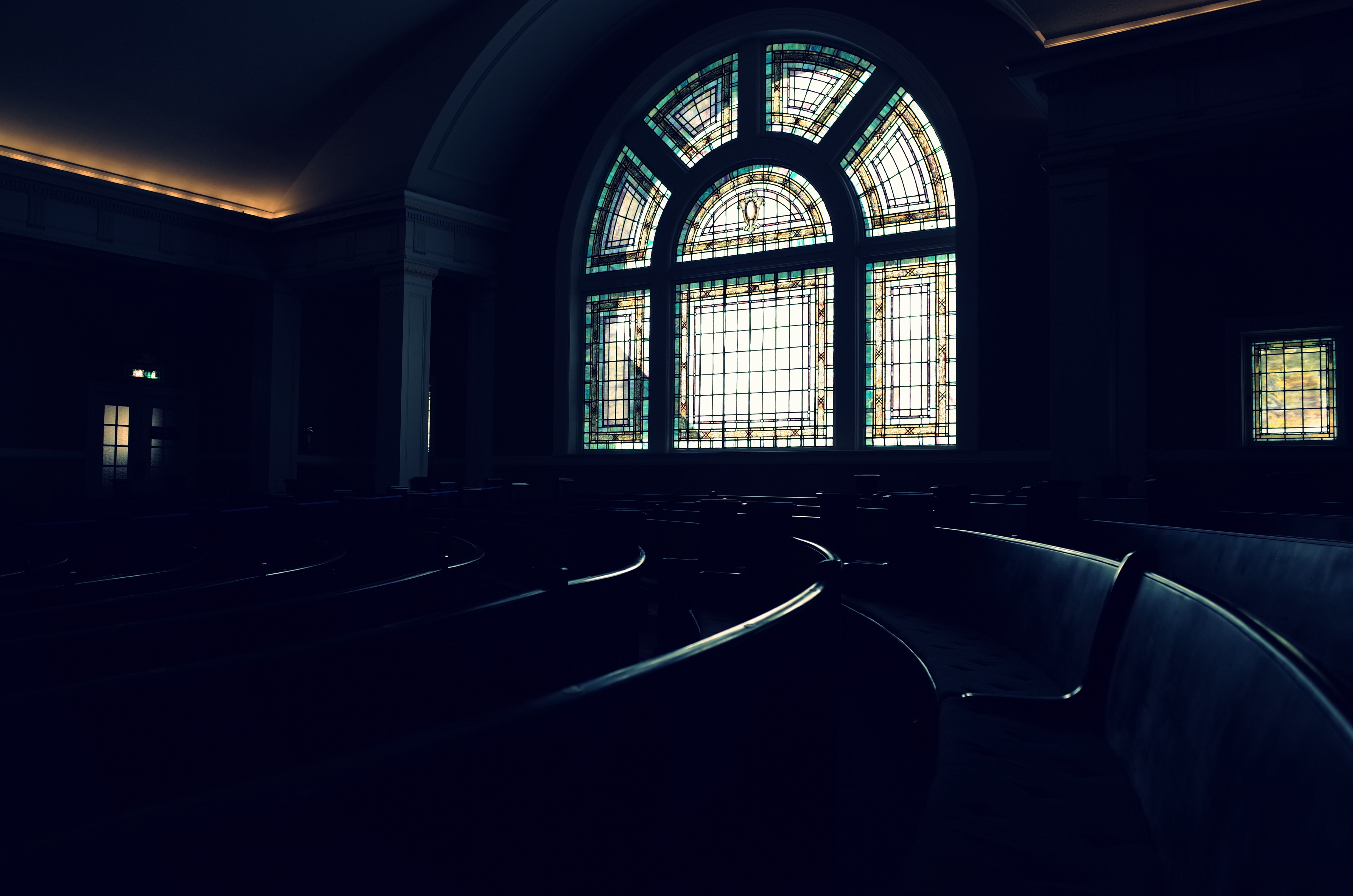benches, dark, window, bench, stained glass, curtain wall