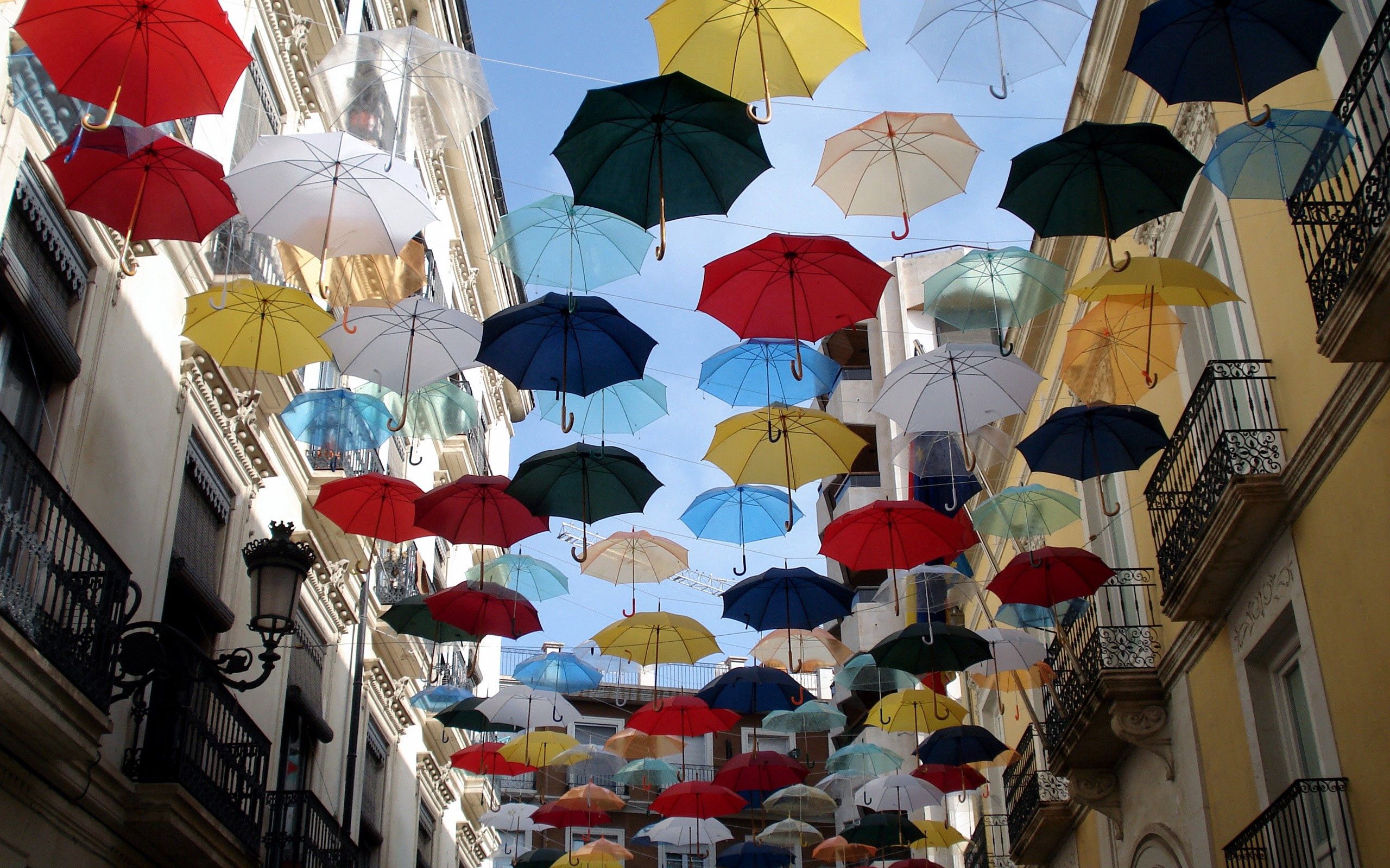 motley, sky, city, miscellanea, miscellaneous, multicolored, flight, umbrellas download HD wallpaper