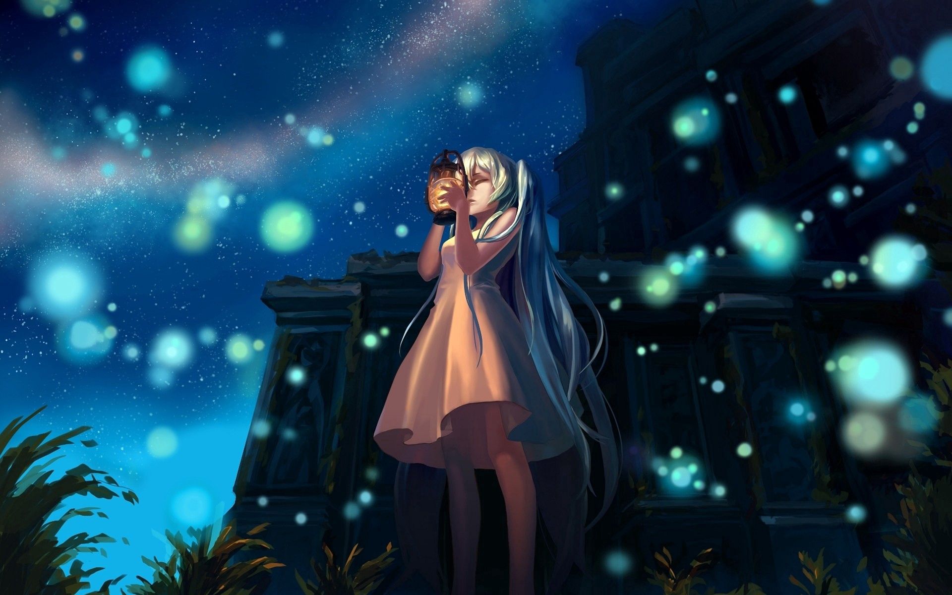 157786 download wallpaper anime, night, shining, lights, girl screensavers and pictures for free