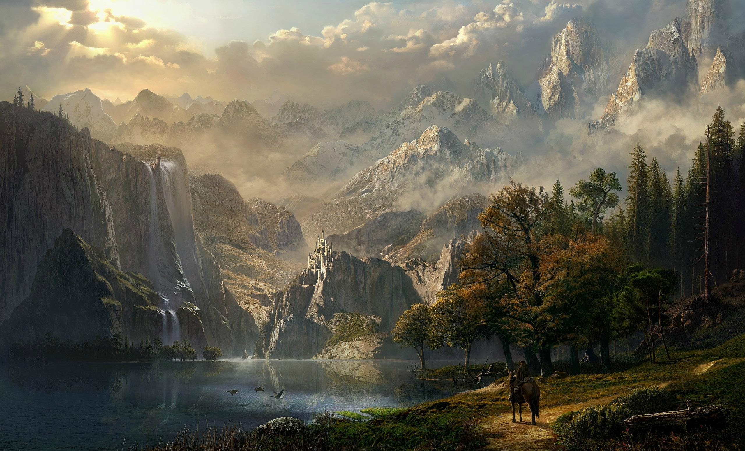fantasy, landscape, mountain, castle, lake, horse, adventure wallpapers for tablet