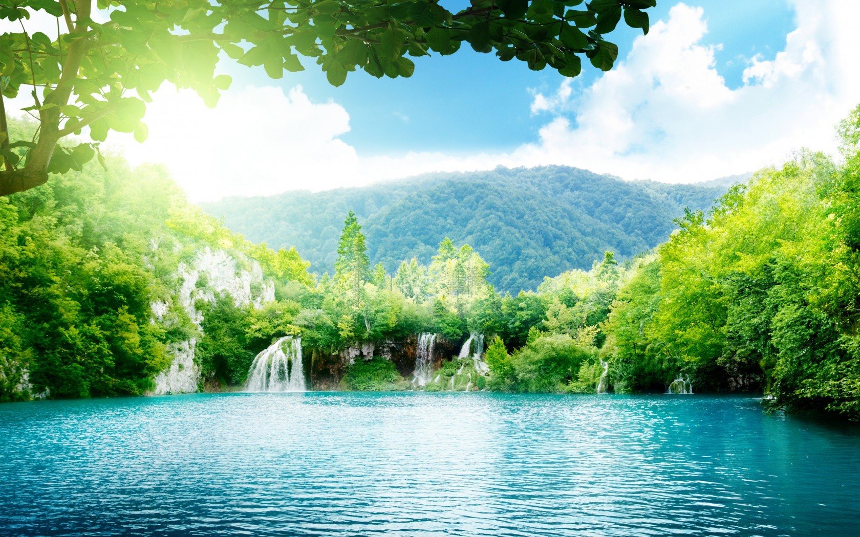 waterfalls, turquoise, landscape, trees, mountains, lakes wallpapers for tablet