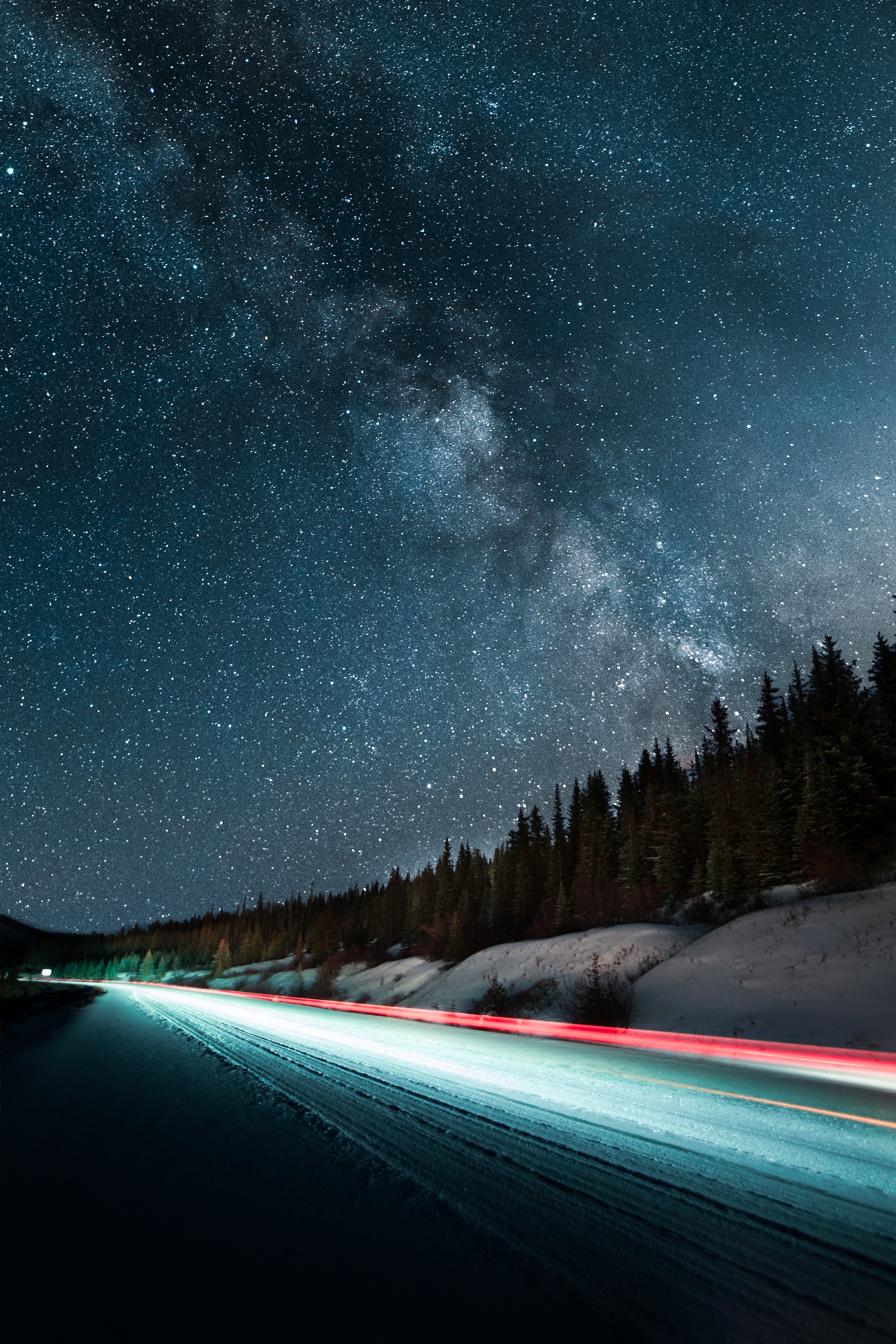 vertical wallpaper road, nature, stars, night, starry sky, long-term exposure