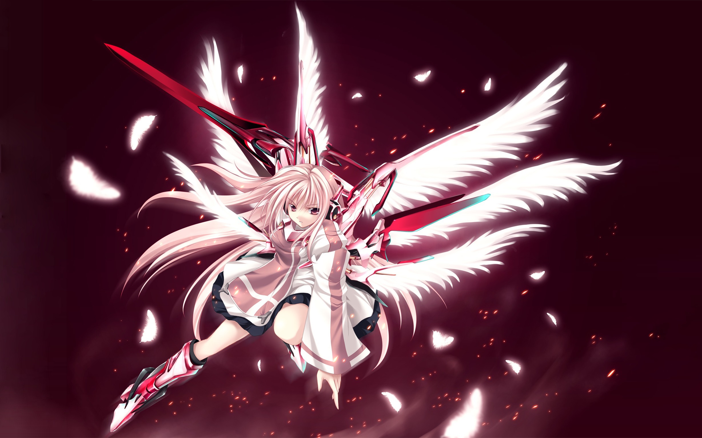 anime, angel, sword, white hair, wings