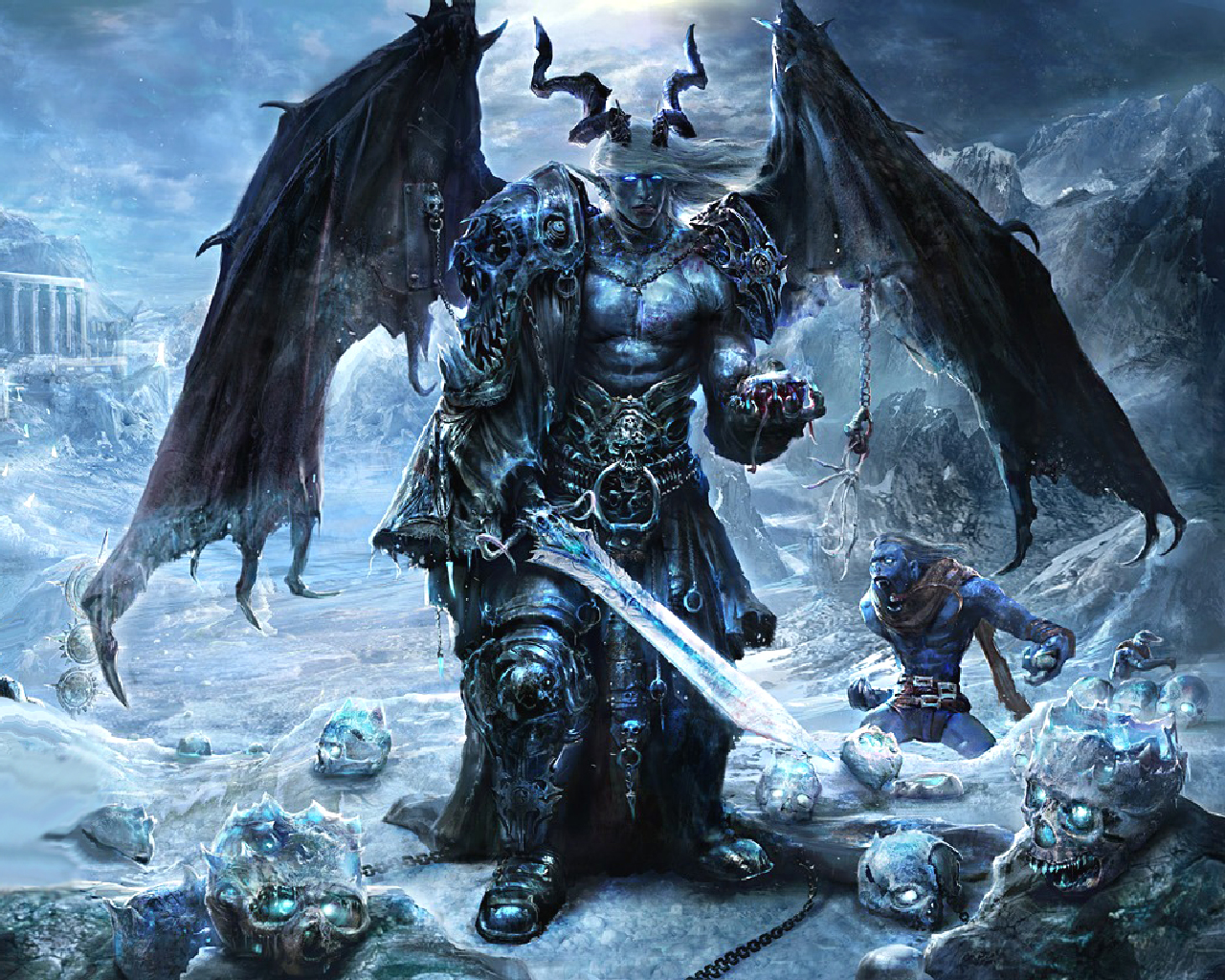 sword, dark, demon, snow, angel, fallen angel, wings Smartphone Background