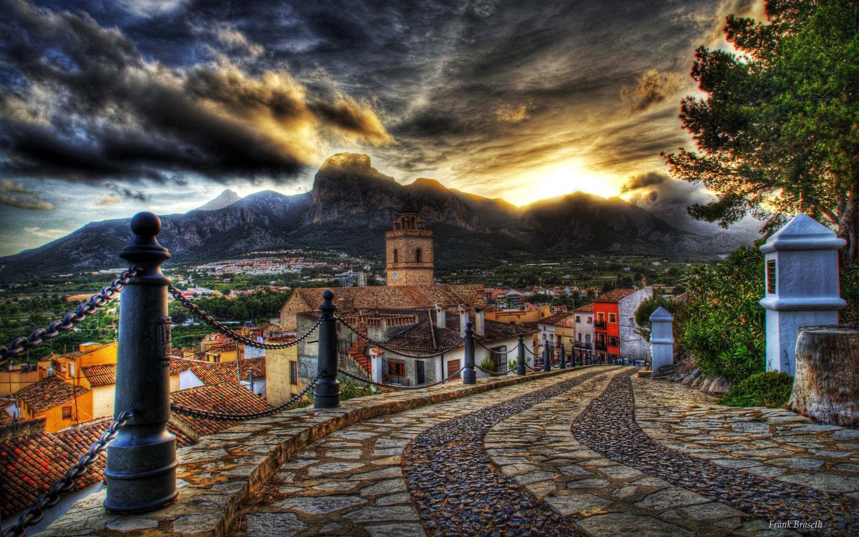 wallpapers streets, sky, cities, flowers, houses, sunset, mountains, architecture, clouds, road, beautiful, old, colorful, hdr