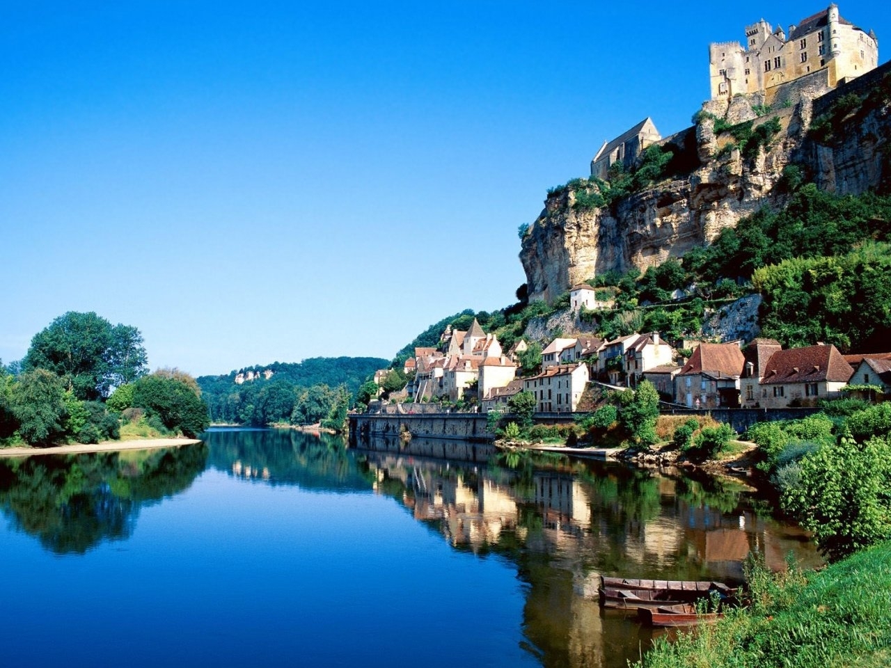 cities, landscape, houses, rivers, mountains, blue download HD wallpaper