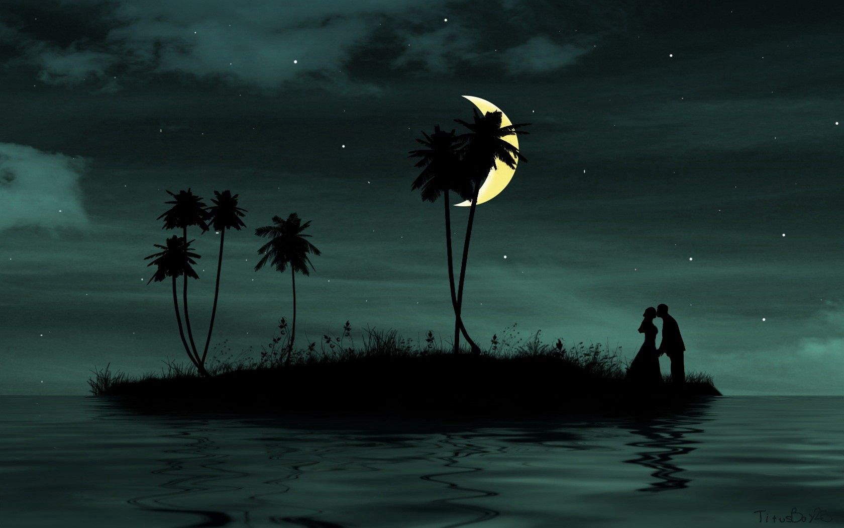 Download mobile wallpaper Couple, Pair, Island, Love, Dark, Vector, Kiss for free.