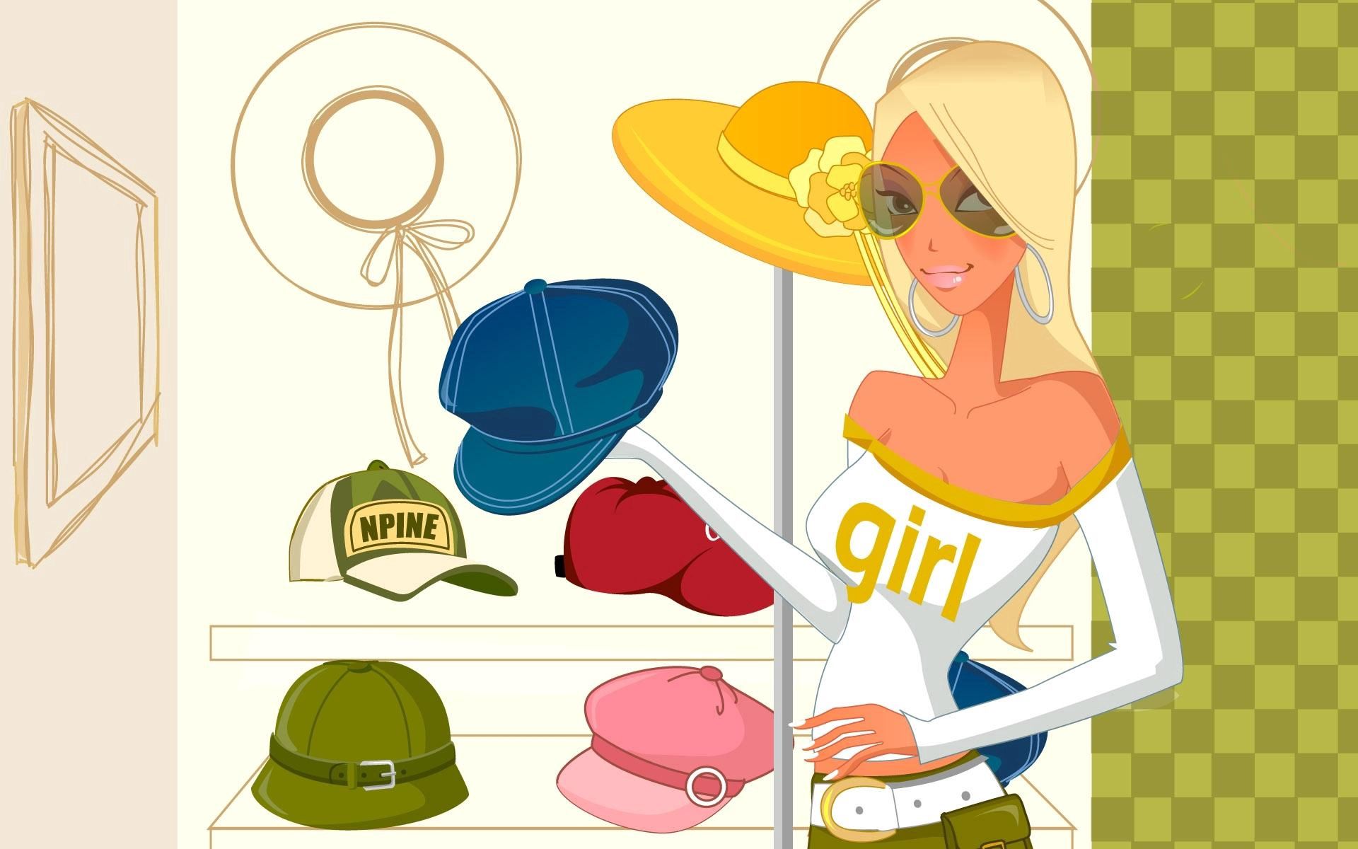 Laden Sie das Mädchen, Vektor, Stil, Hüte, Laden, Ergebnis-Bild kostenlos auf Ihren PC-Desktop herunter