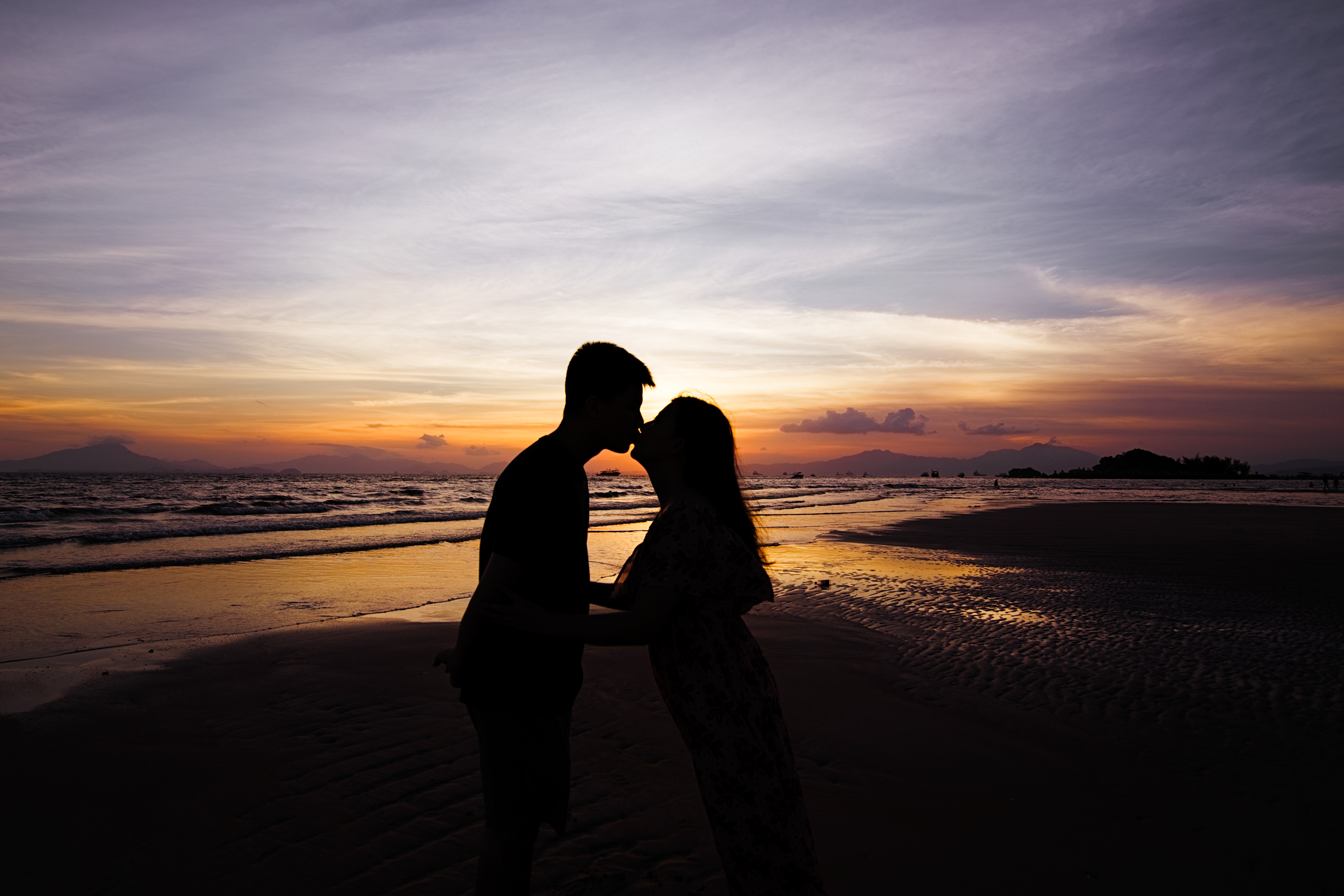 kiss, sunset, love, silhouette