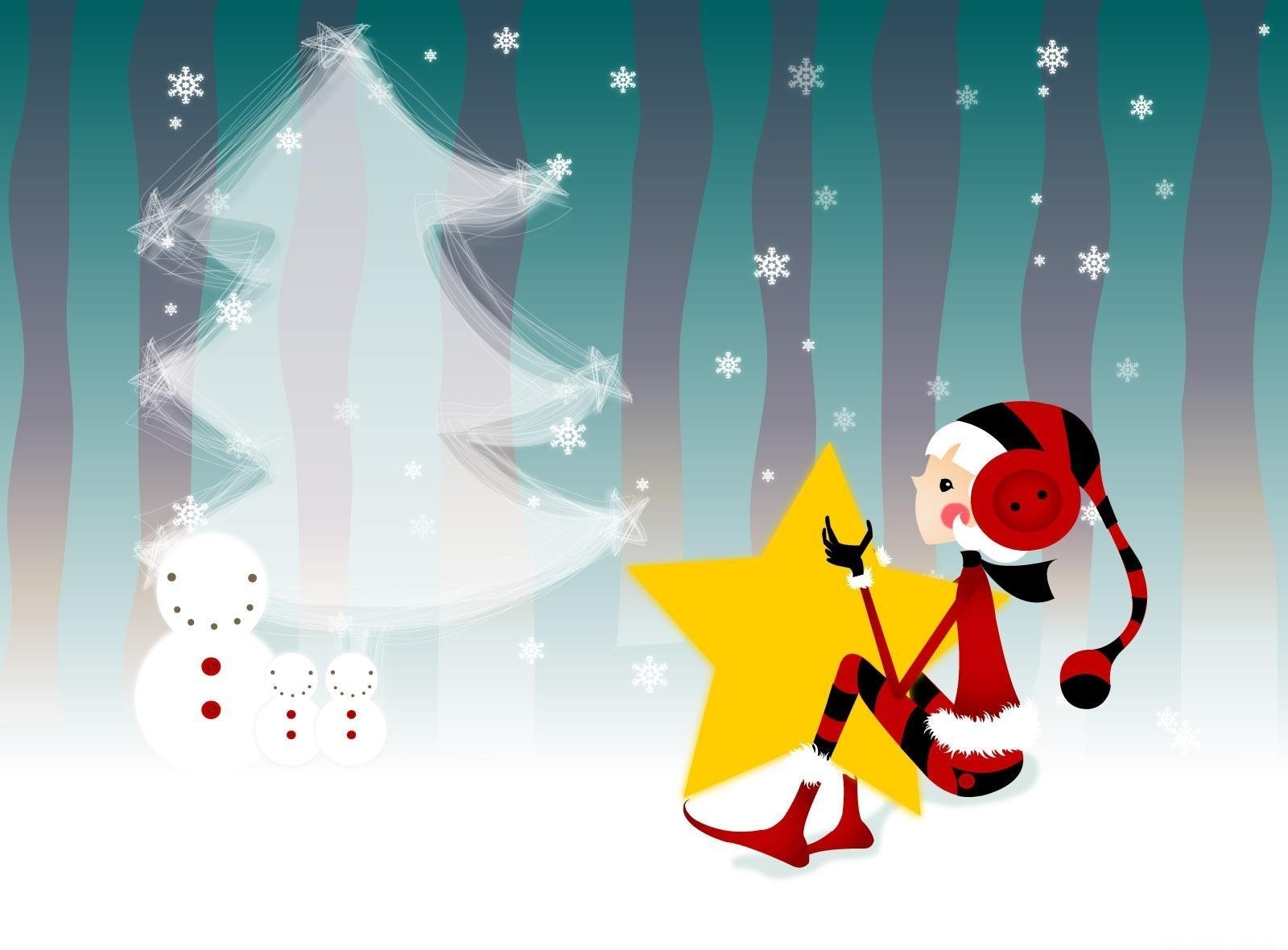 140512壁紙のダウンロード祝日, 女の子, 新年, 雪, 雪だるま, クリスマスツリー, その女の子, 星-スクリーンセーバーと写真を無料で