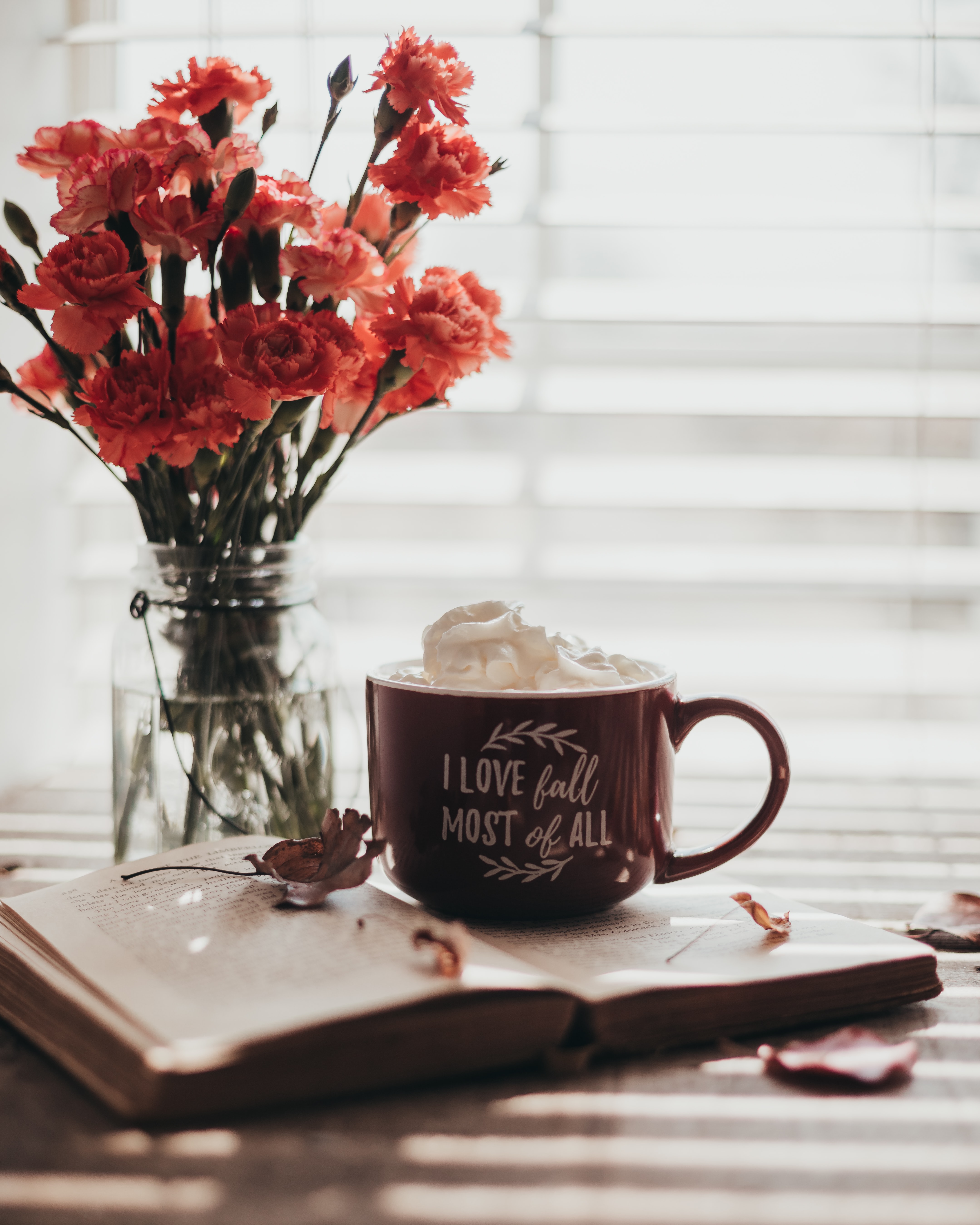 cup, inscription, flowers, words, book