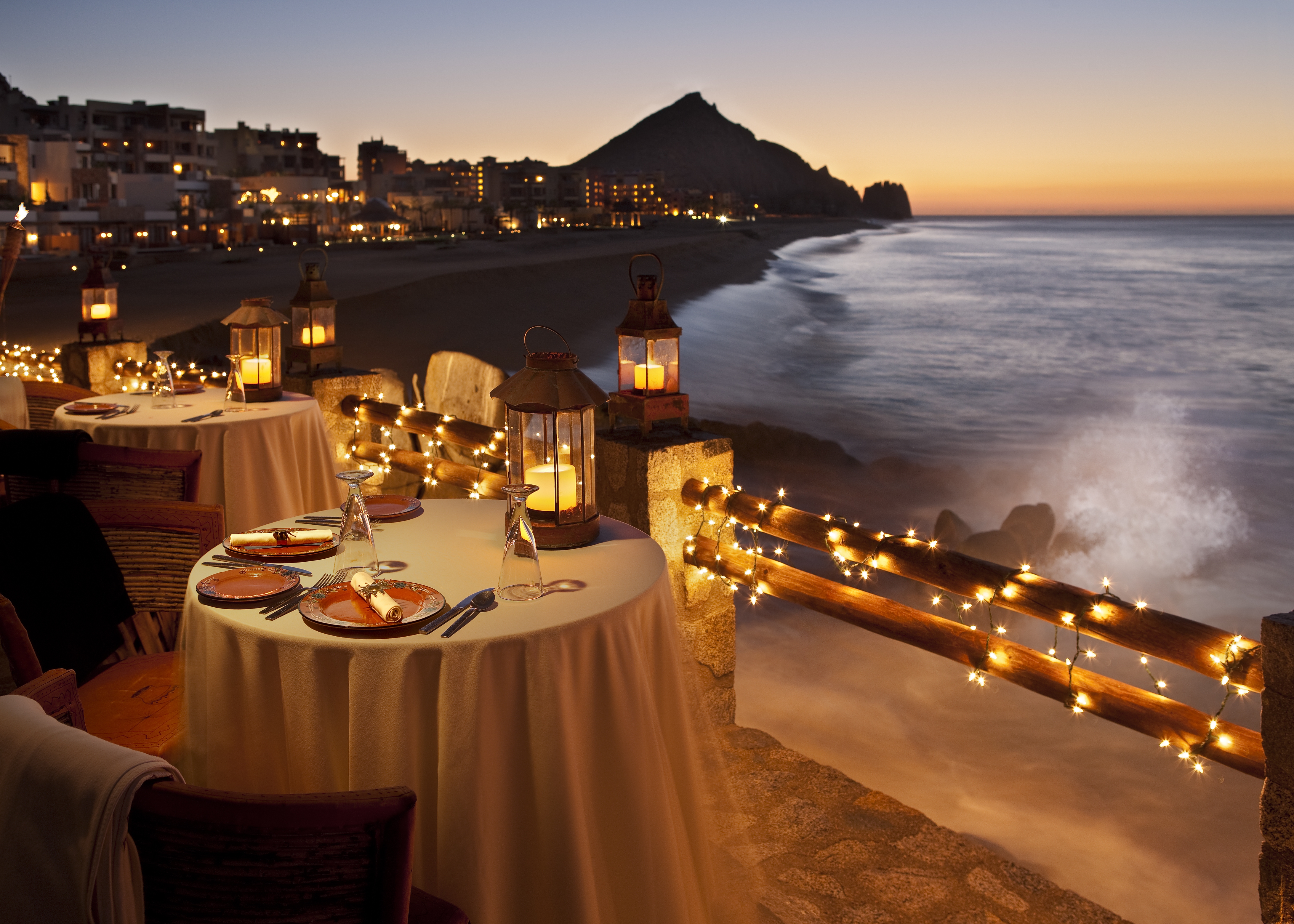 dinner, view, garland, nature, lights, coast, evening, table, supper, restaurant