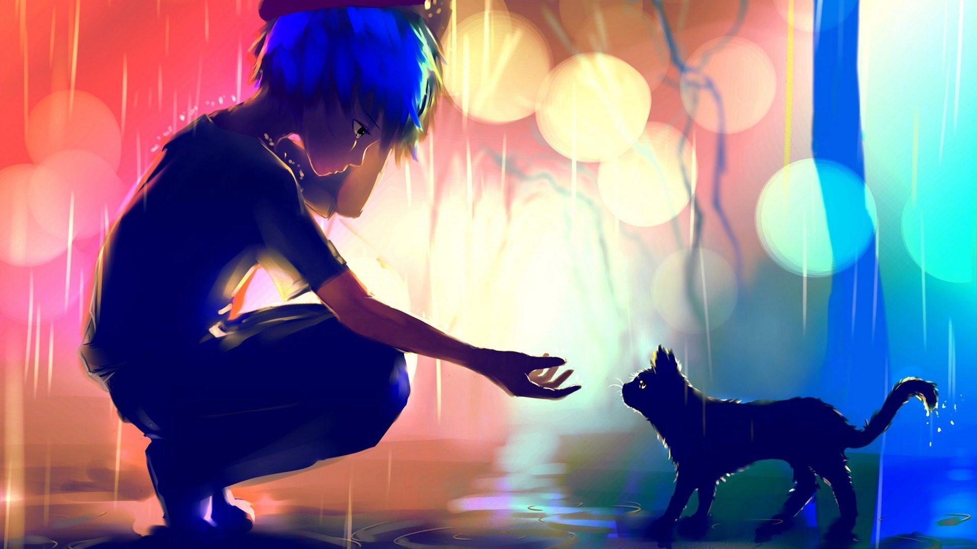 Download mobile wallpaper Anime, Rain, Cat, Glow, Original, Blue Hair for free.
